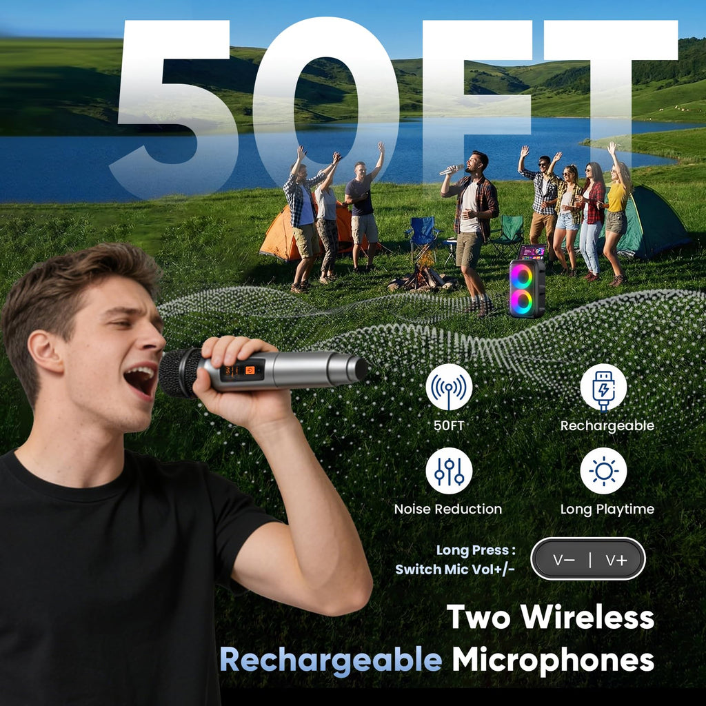 Karaoke Machine for Adults Kids, Portable Bluetooth Speaker with 3 Wireless Microphones, TWS Mode & LED Light, 10H Battery PA System, Home Party Outdoor Camping Birthday Gifts (3 Mics)