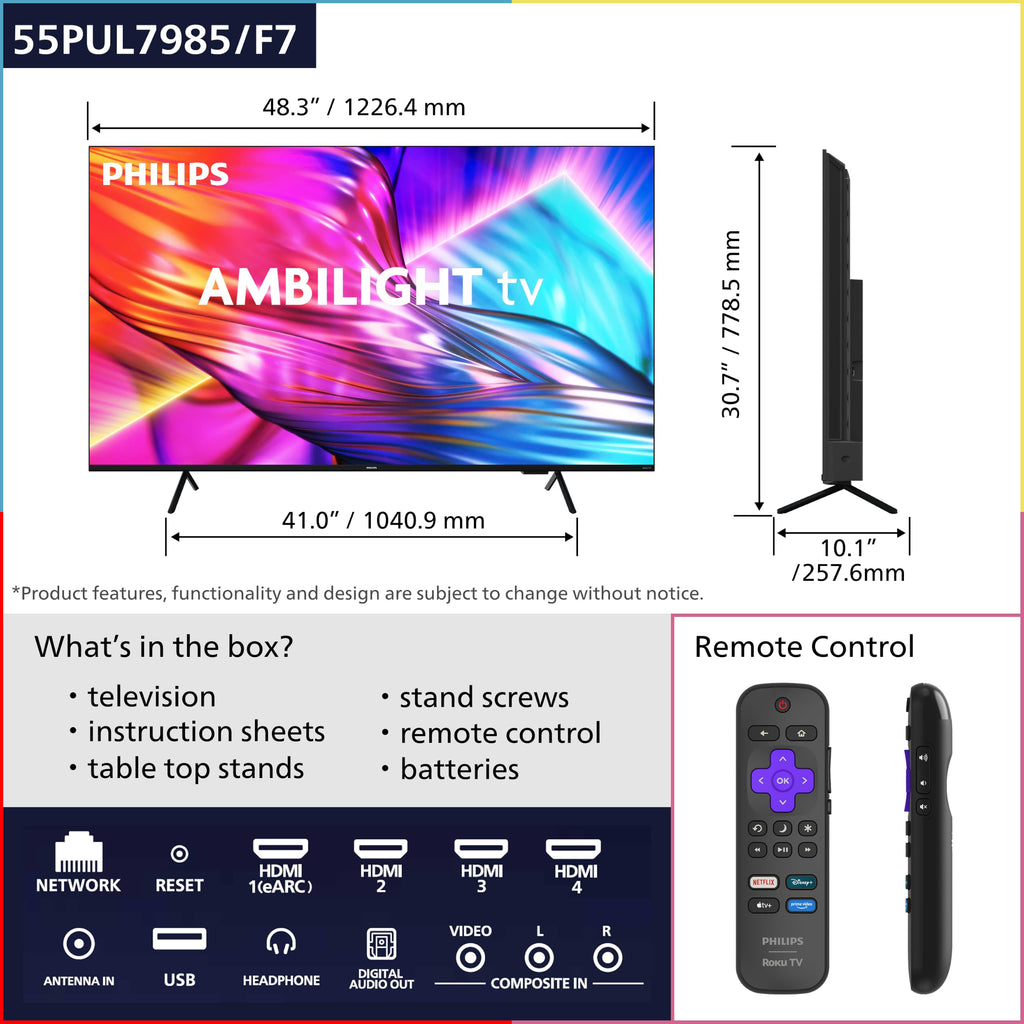 PHILIPS 50 Inch 4K QLED Roku TV, 7985 Series with Ambilight, UHD 2160p, HDR
