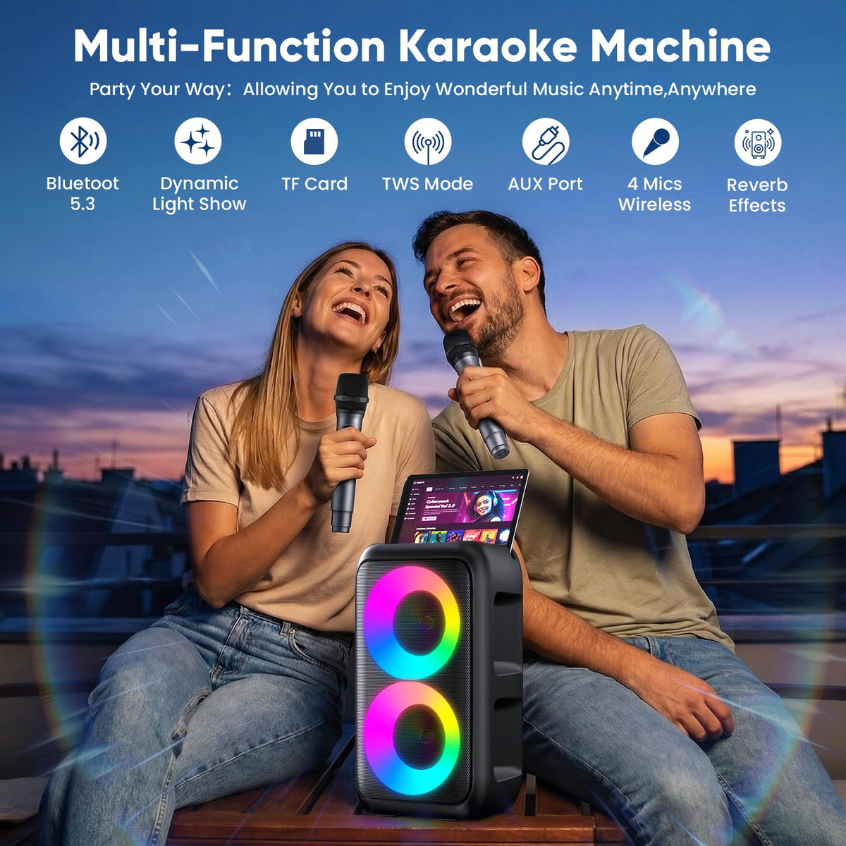 Karaoke Machine for Adults Kids, Portable Bluetooth Speaker with 3 Wireless Microphones, TWS Mode & LED Light, 10H Battery PA System, Home Party Outdoor Camping Birthday Gifts (3 Mics)