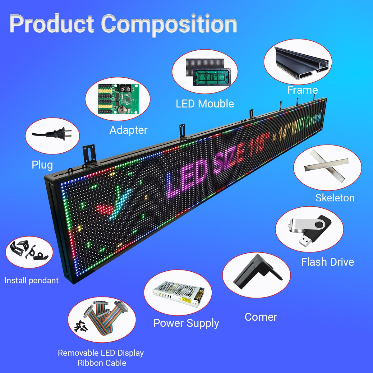 P3 Full Color Programmable LED Sign, IP65 Outdoor, WiFi Control, Support Custom Video, Electronic Message Board for Business, 40''Ã17''