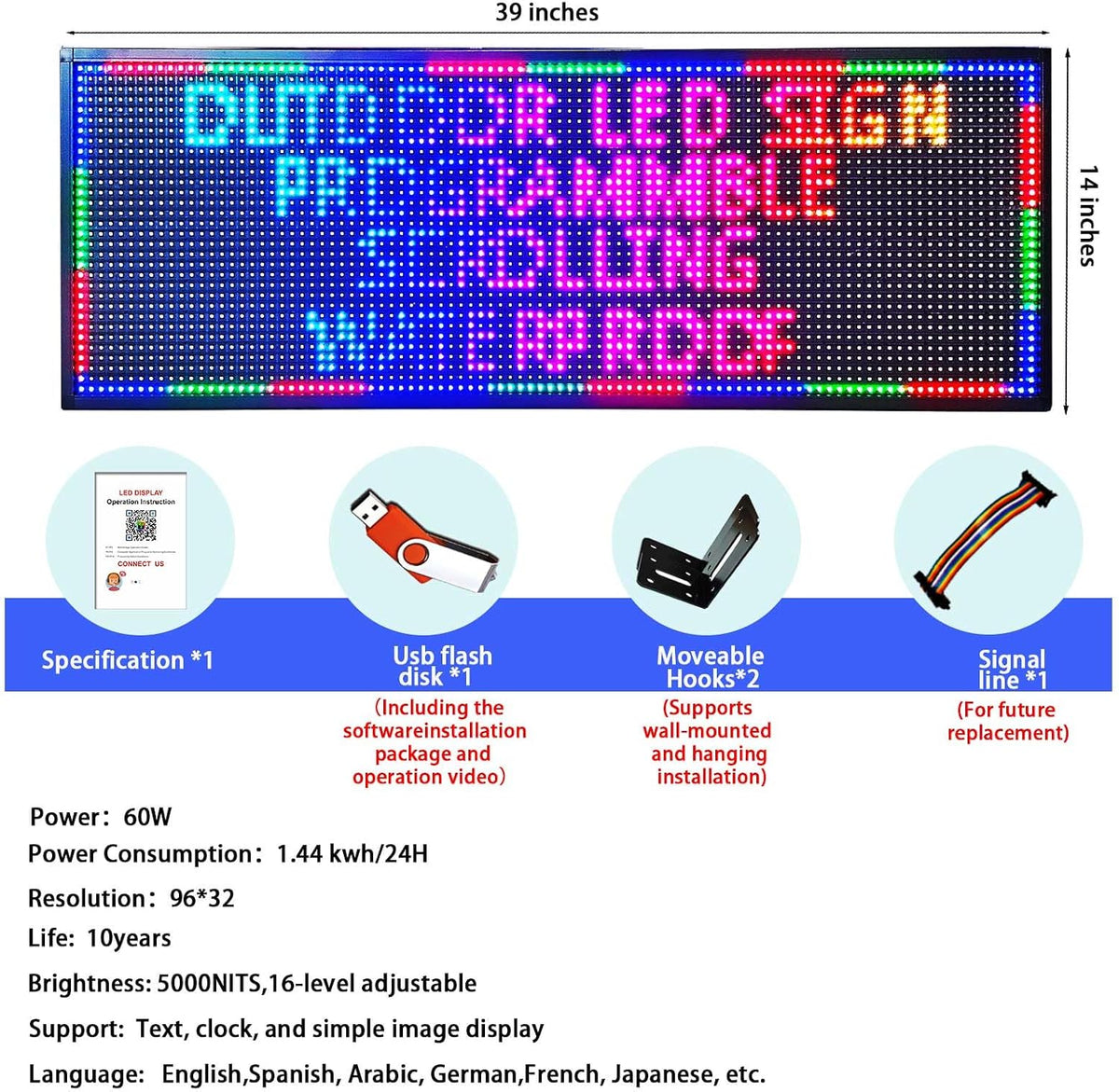 Led Sign Outdoor Programmable Scrolling Digital Open Neon P10 39''x14''