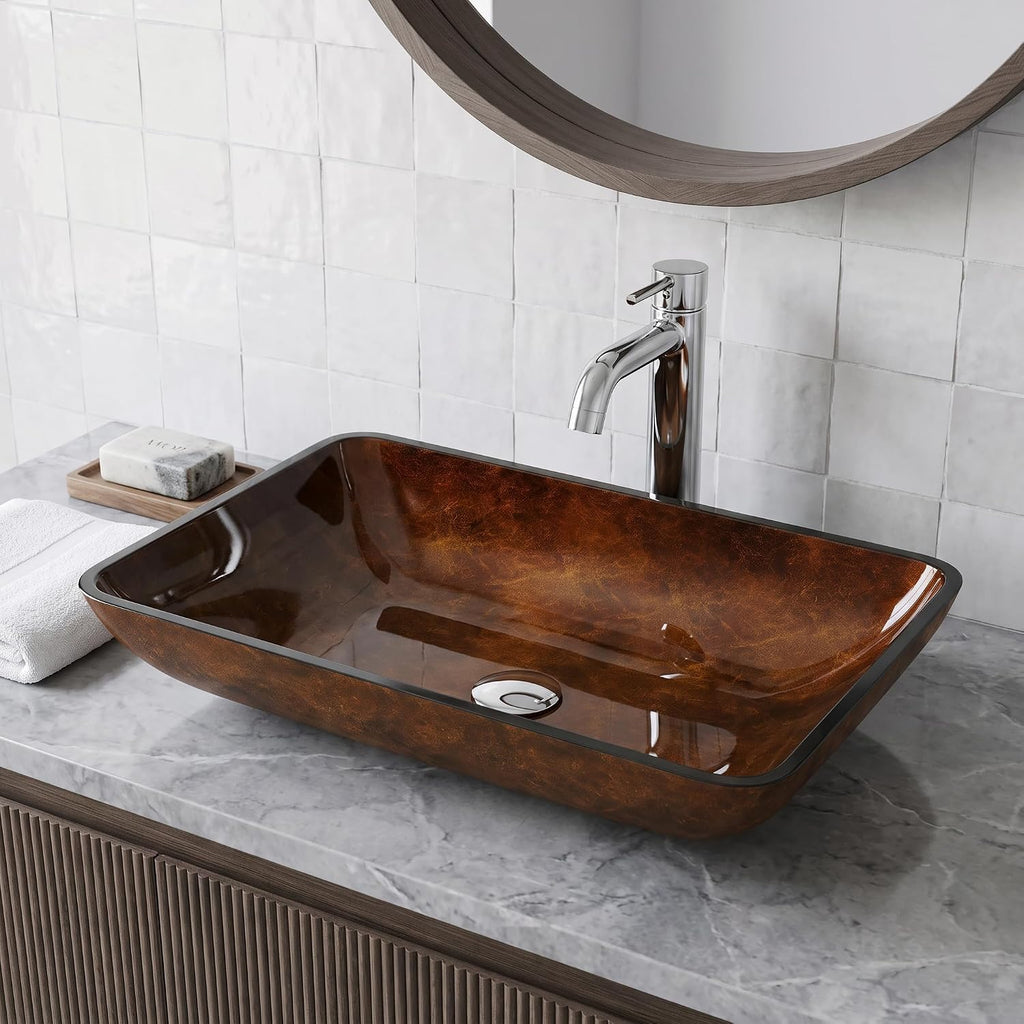 Vigo Vessel Sink Brown - 23â Artistic Rectangular Bathroom Vessel Sink, Tempered Glass Above Counter Sink with NonStickShield & QuickDrain, Modern Luxury Design