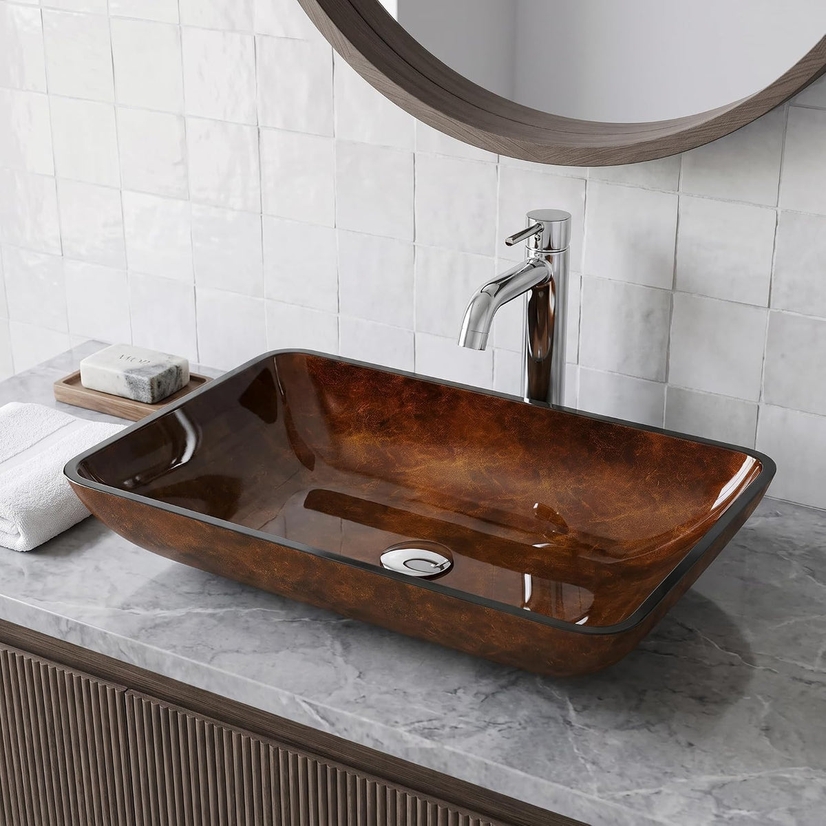 Vigo Vessel Sink Brown - 23â Artistic Rectangular Bathroom Vessel Sink, Tempered Glass Above Counter Sink with NonStickShield & QuickDrain, Modern Luxury Design
