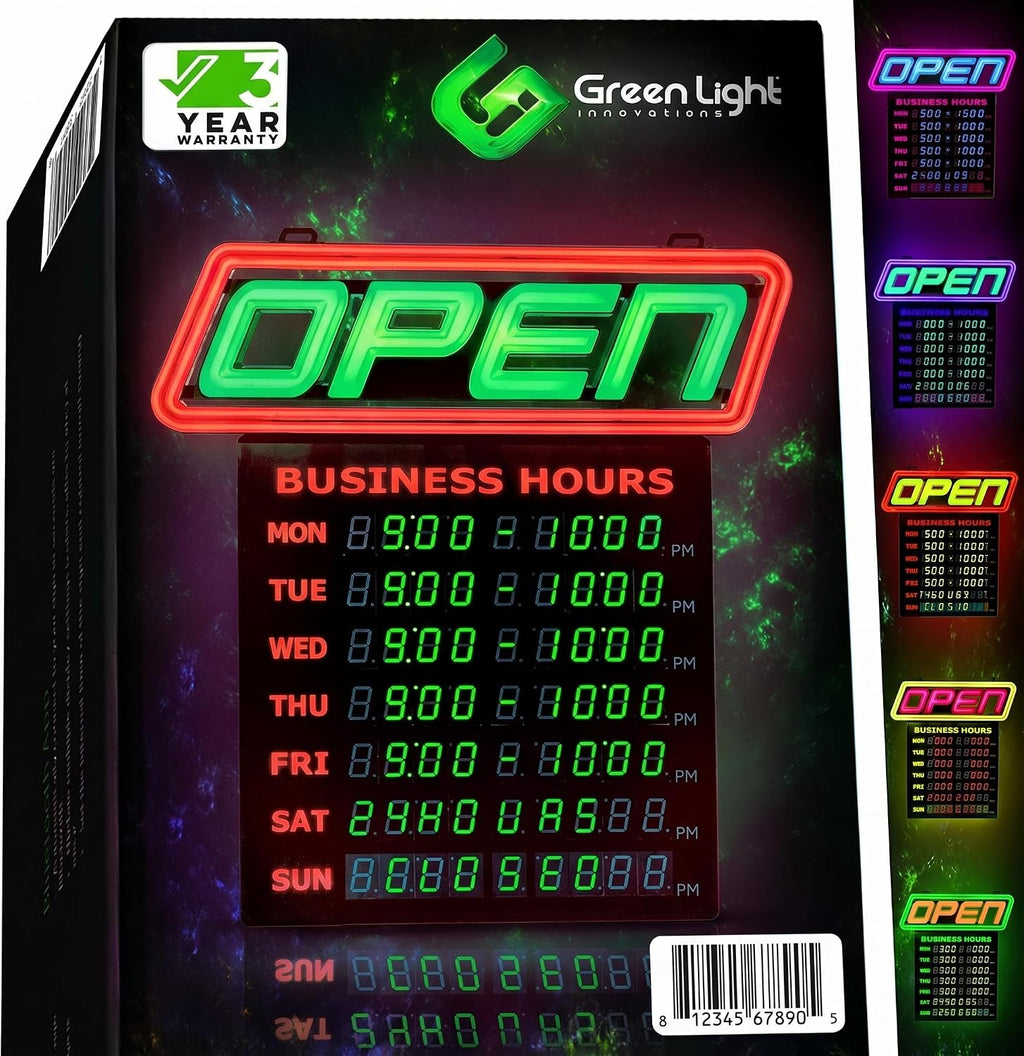 LED Open Sign for Business with Programmable Business Hours â Green Light Innovations Bluetooth App, 4,000+ Color Combos, Flash/Scroll/Neon Modes, 100,000-Hr LEDs, 3-Year Warranty, 15Ã16.5 in