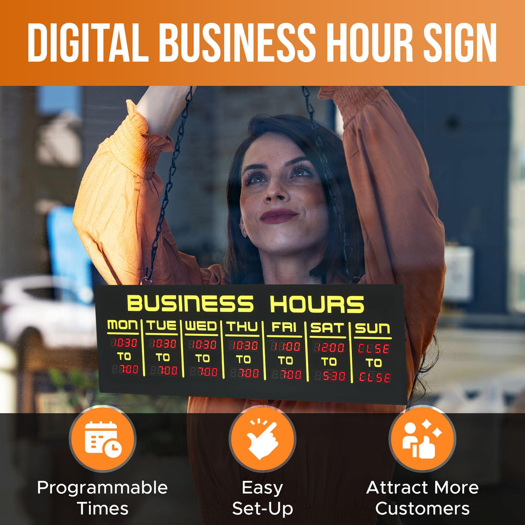 Digital Business Hours Sign by ELEMENT LUX - Electronic Programmable Hours of Operation Signs for Business with Ultra Bright LEDs for Glass Door - Remote and Hanging Kit - 16in x 5.5in, Blue