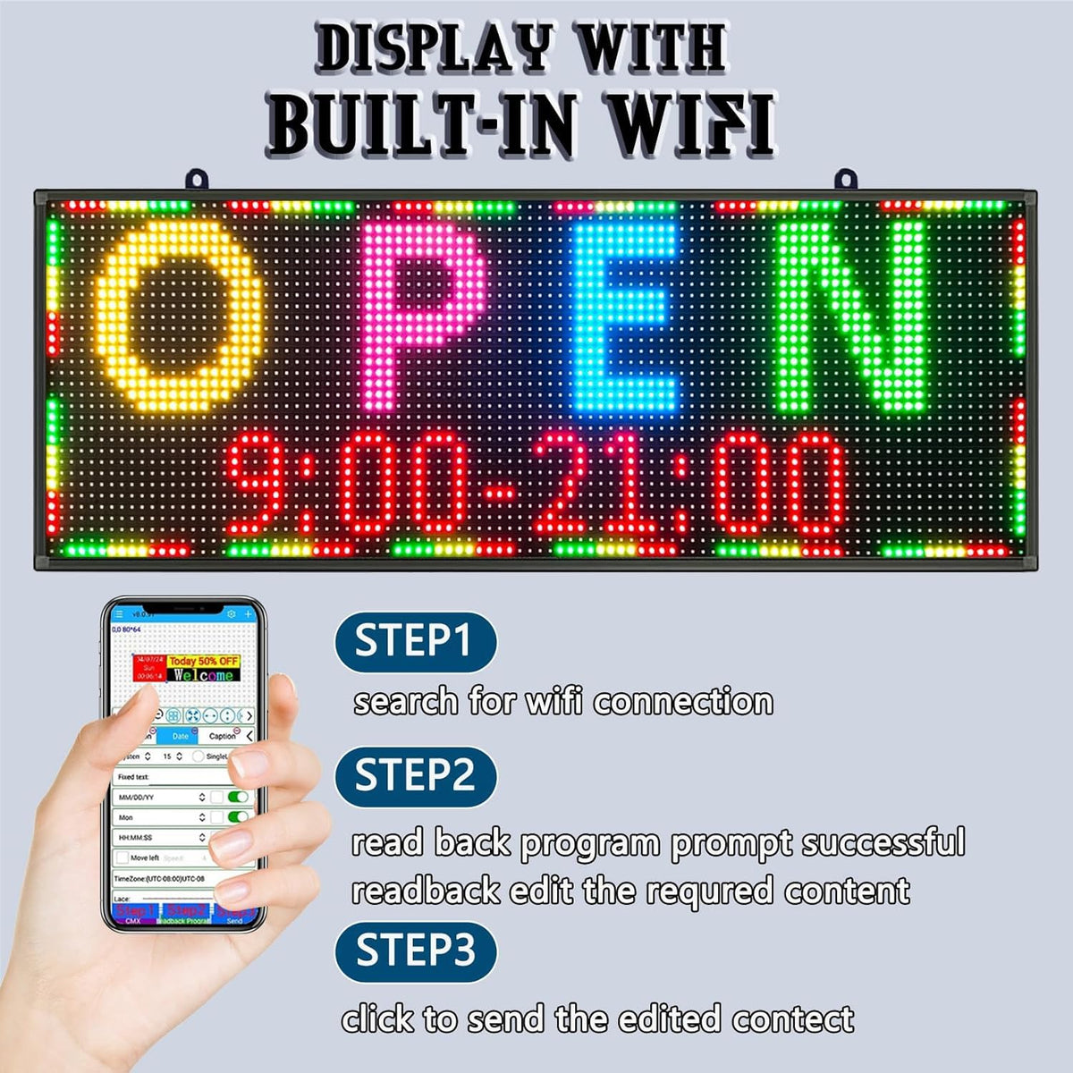 P5 Outdoor LED Sign 65"x34" Full Color Programmable Digital Display, 5000 Nits High Brightness IP65 Waterproof WiFi & USB Control, Scrolling Message Board for Business Advertising - Text/Image/Video