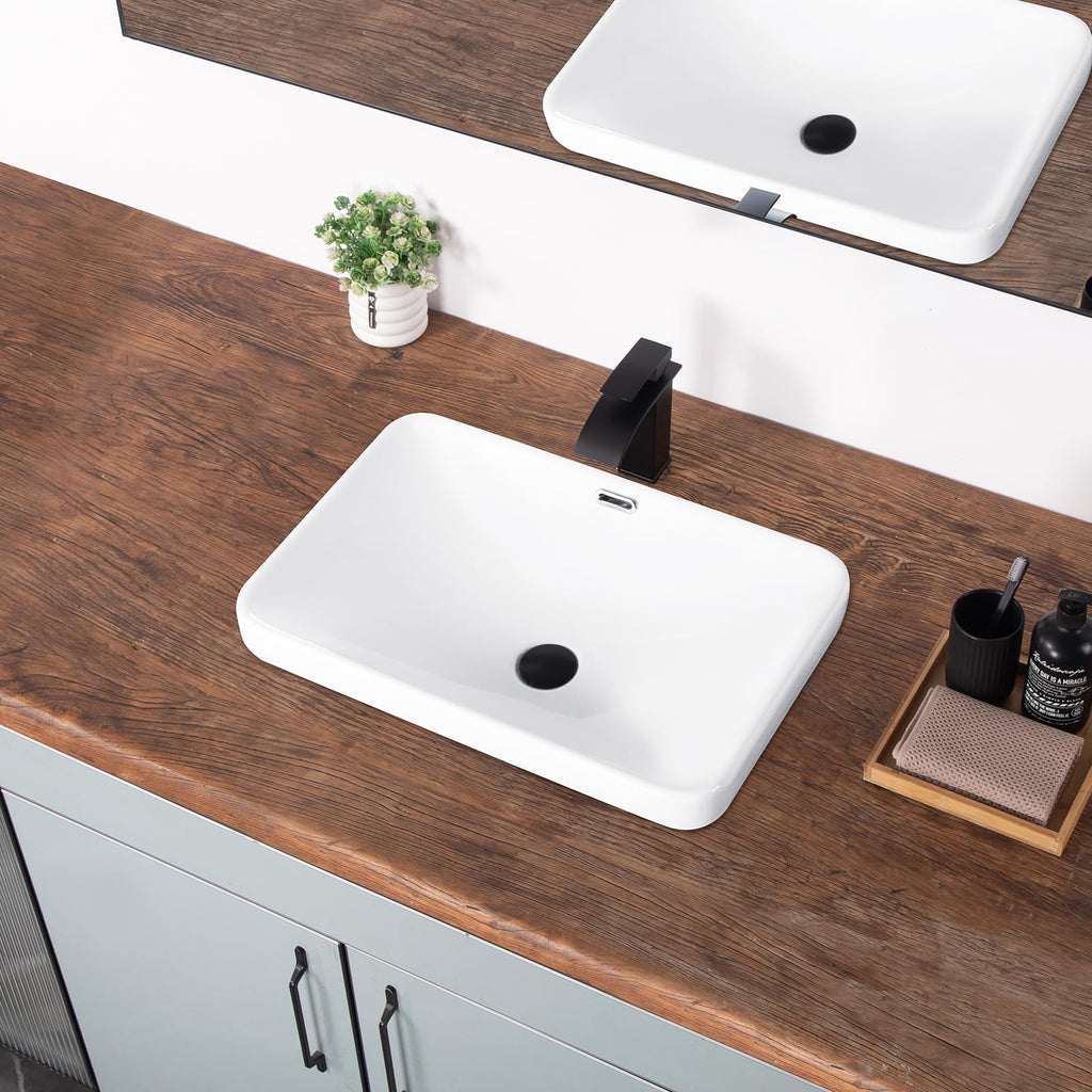 Bathroom Vessel Sink 16.7" X 12.6" Semi Recessed Bathroom Sink Rectangular Drop In Bathroom Sinks with Overflow White Ceramic Vessel Sinks for Bathroom Modern Above Counter Basin Vanity Sink