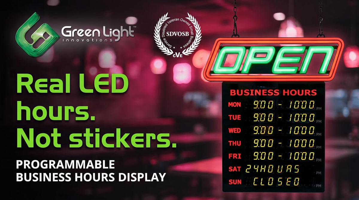 LED Open Sign for Business with Programmable Business Hours â Green Light Innovations Bluetooth App, 4,000+ Color Combos, Flash/Scroll/Neon Modes, 100,000-Hr LEDs, 3-Year Warranty, 15Ã16.5 in