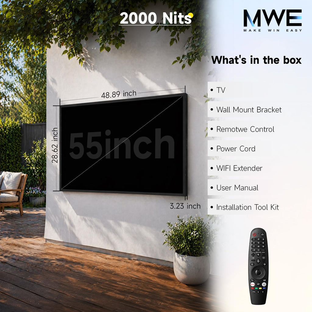 MWE 55 Inch Smart Outdoor TV, 2000 Nits, 4K UHD, IP55, webOS TV