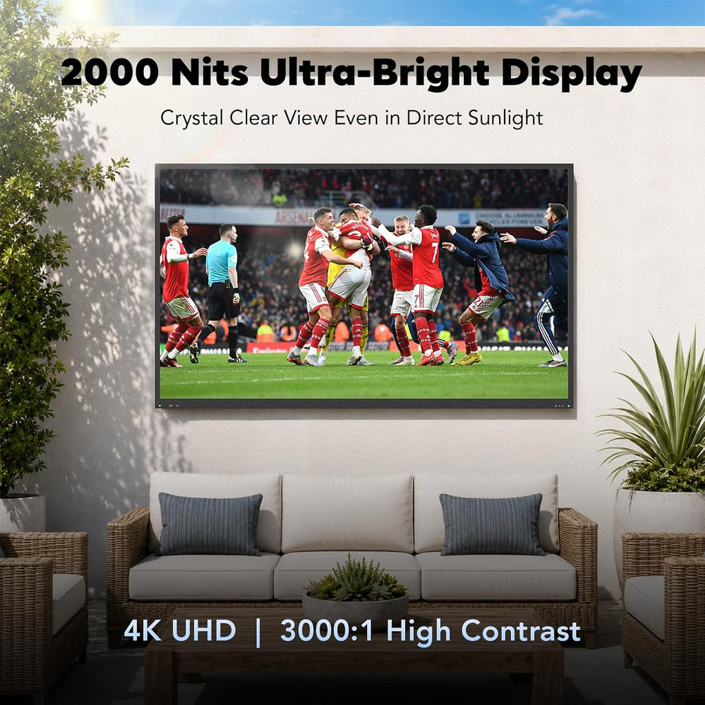 55 Inch Outdoor TV, 2000 Nits 4K UHD IP55 Weatherproof Smart Full Sun TV with webOS 25, Anti-Glare Screen, Surround Audio for Patio, Deck, Backyard and Poolside