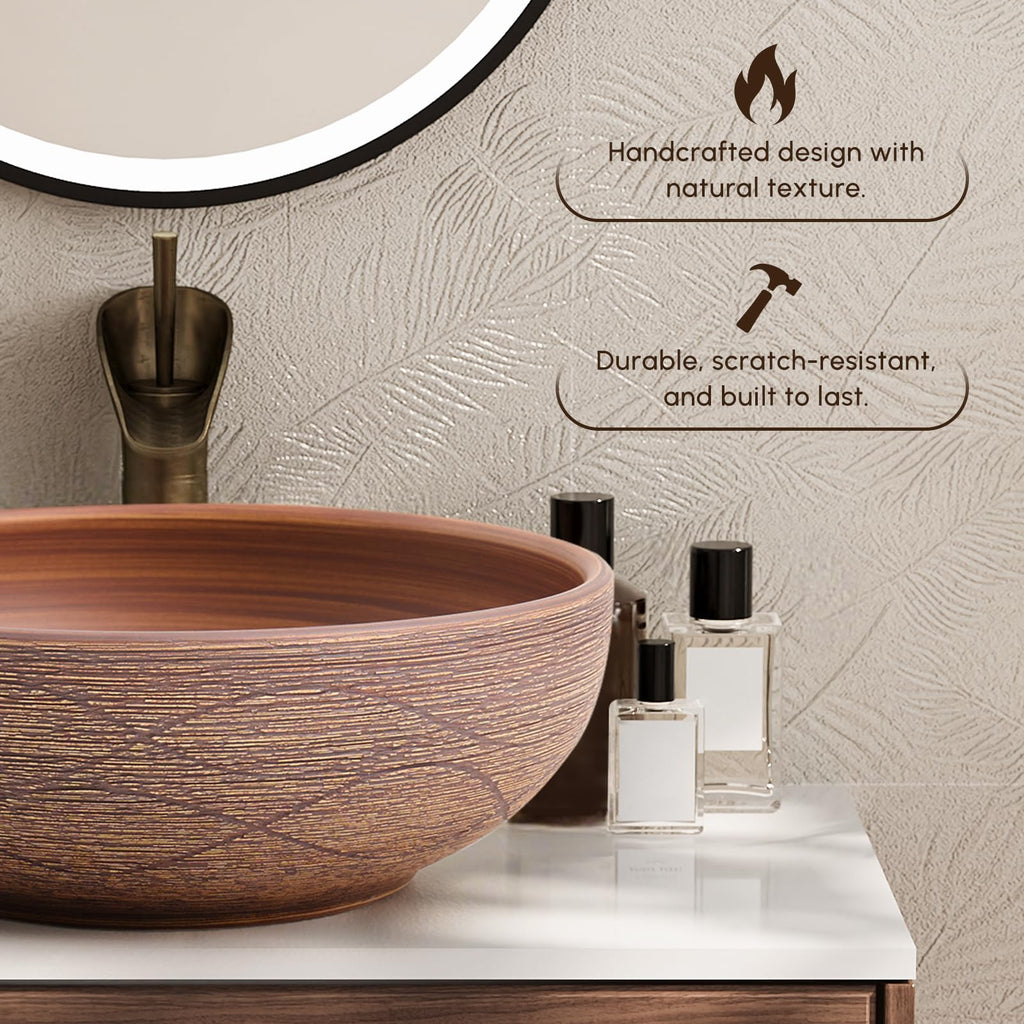 Homary Bathroom Vessel Sink, 23.23" Oval Bowl Sink Retro Ceramic Washbasin Above Counter for Bathroom,Without Pop-up Drain, Retro Brown