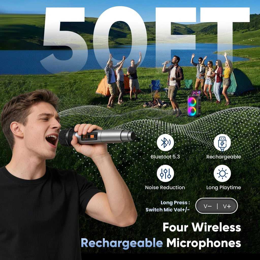 Karaoke Machine for Adults Kids, Portable Bluetooth Speaker with 3 Wireless Microphones, TWS Mode & LED Light, 10H Battery PA System, Home Party Outdoor Camping Birthday Gifts (3 Mics)