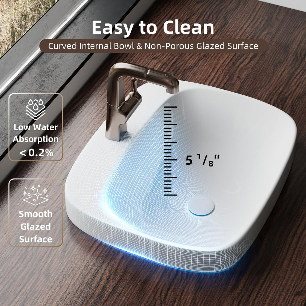 20â³W x 17â³D Drop In Bathroom Sink with Free Pop-Up Drain, White Ceramic Rectangular Semi Recessed Bathroom Sink with Single Faucet Hole, Modern Vessel Sink, Durable Above Counter Basin