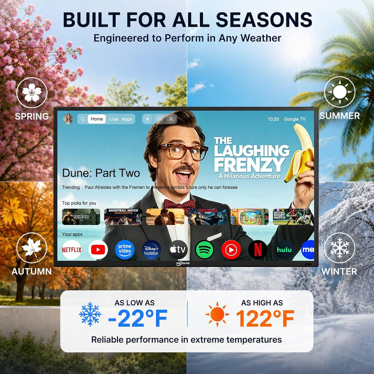 65Inch Outdoor TV, 4K Waterproof Outside TV, 1000nits Ultra-High Outdoor Television, IP65 Waterproof TV,Smart TVs with Voice Assistant Remote