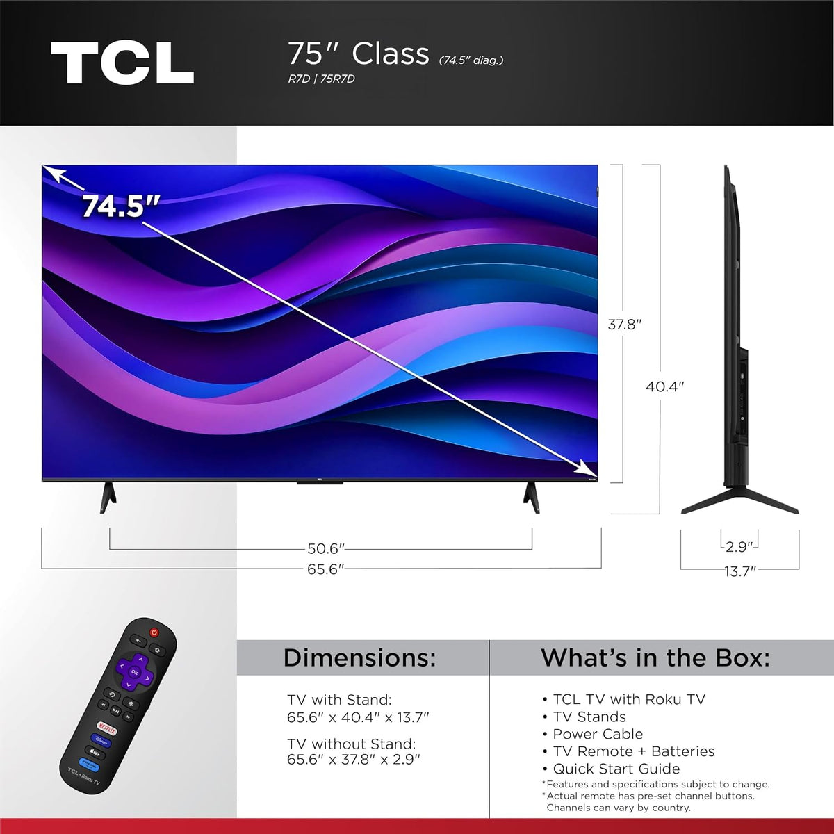TCL 75-Inch Class R7D Series 4K UHD HDR Roku Smart TV | Game Accelerator 120, FullView Bezel-Less Design | Television for Living Room & Home Theater (75R7D, 2026) Streaming Live News, Sports & Movies