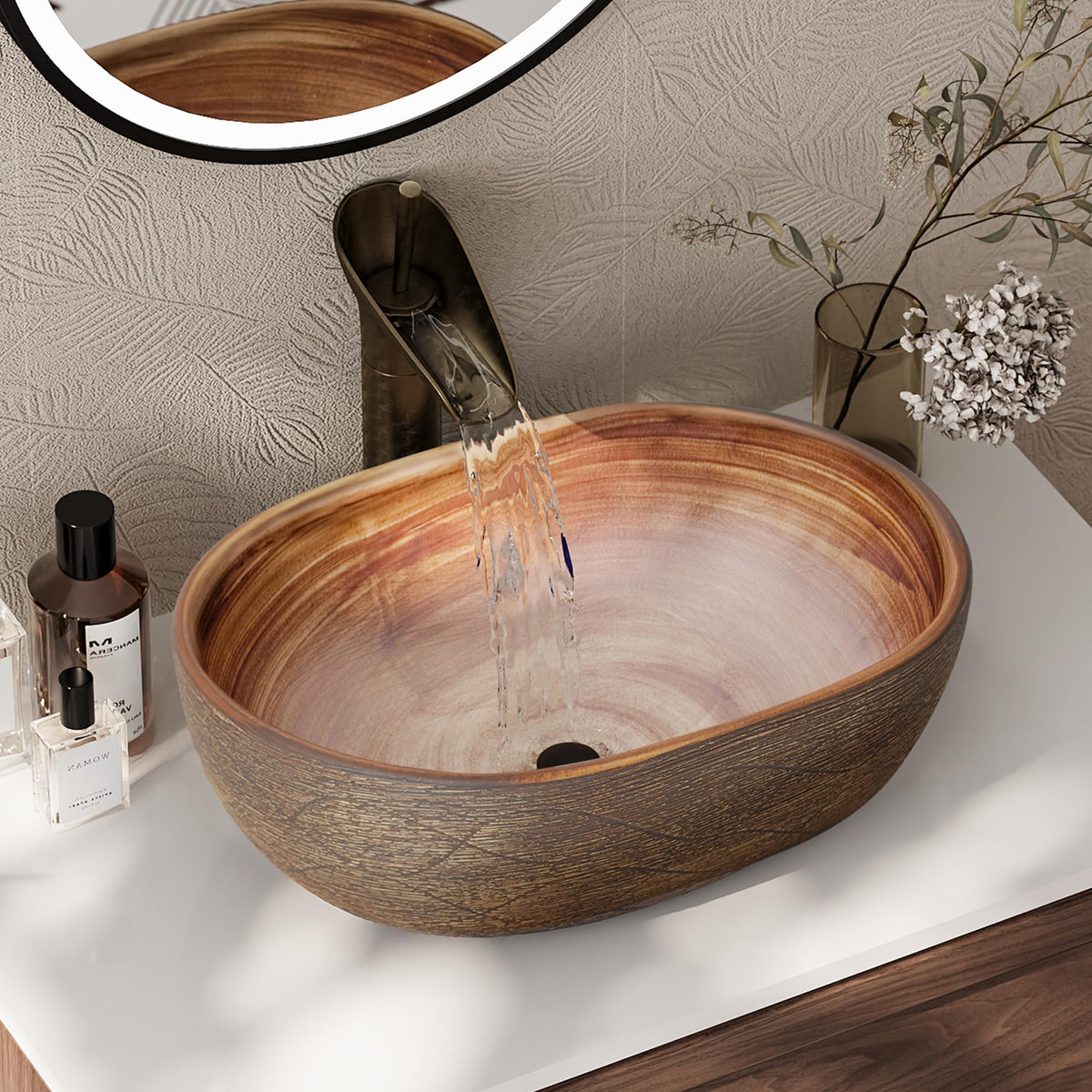 Homary Bathroom Vessel Sink, 23.23" Oval Bowl Sink Retro Ceramic Washbasin Above Counter for Bathroom,Without Pop-up Drain, Retro Brown