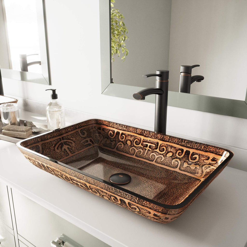 Vigo Vessel Sink Brown - 23â Artistic Rectangular Bathroom Vessel Sink, Tempered Glass Above Counter Sink with NonStickShield & QuickDrain, Modern Luxury Design