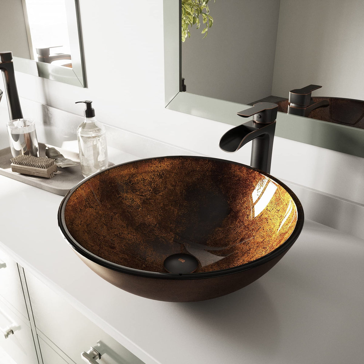 Vigo Vessel Sink Copper - 17â Artistic Round Bowl Sink for Bathrooms, Tempered Glass Above Counter Bathroom Sink with NonStickShield, QuickDrain & TempGuard, Modern Luxury Design