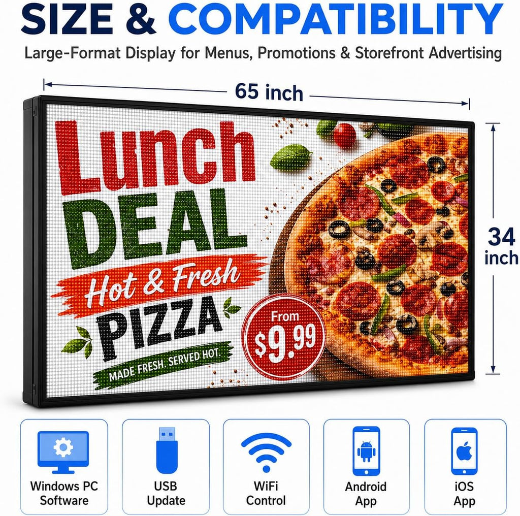 CX P5 Outdoor LED Sign 65" x 34", Full Color Programmable LED Display, IP65 Waterproof High-Brightness Digital Sign with WiFi & USB Control, Scrolling Text Image Video Message Board for Business Advertising