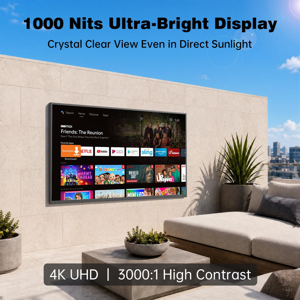 55 Inch Outdoor TV, 2000 Nits 4K UHD IP55 Weatherproof Smart Full Sun TV with webOS 25, Anti-Glare Screen, Surround Audio for Patio, Deck, Backyard and Poolside