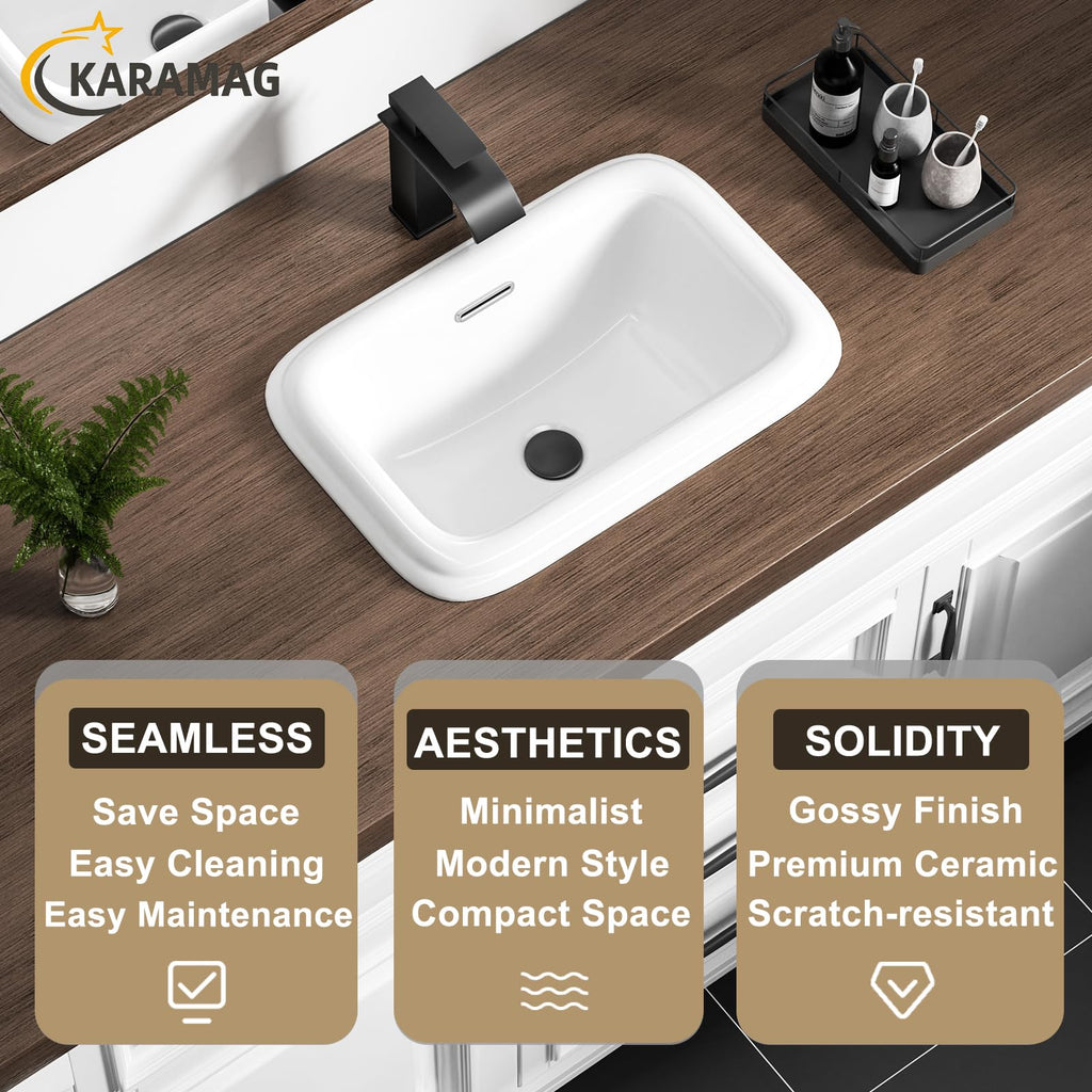 Small Bathroom Vessel Sink 16.7'' x 12.6'' Semi Recessed Bathroom Sink Rectangular Drop-in Vanity Sink with Overflow White Ceramic Modern Art Basin