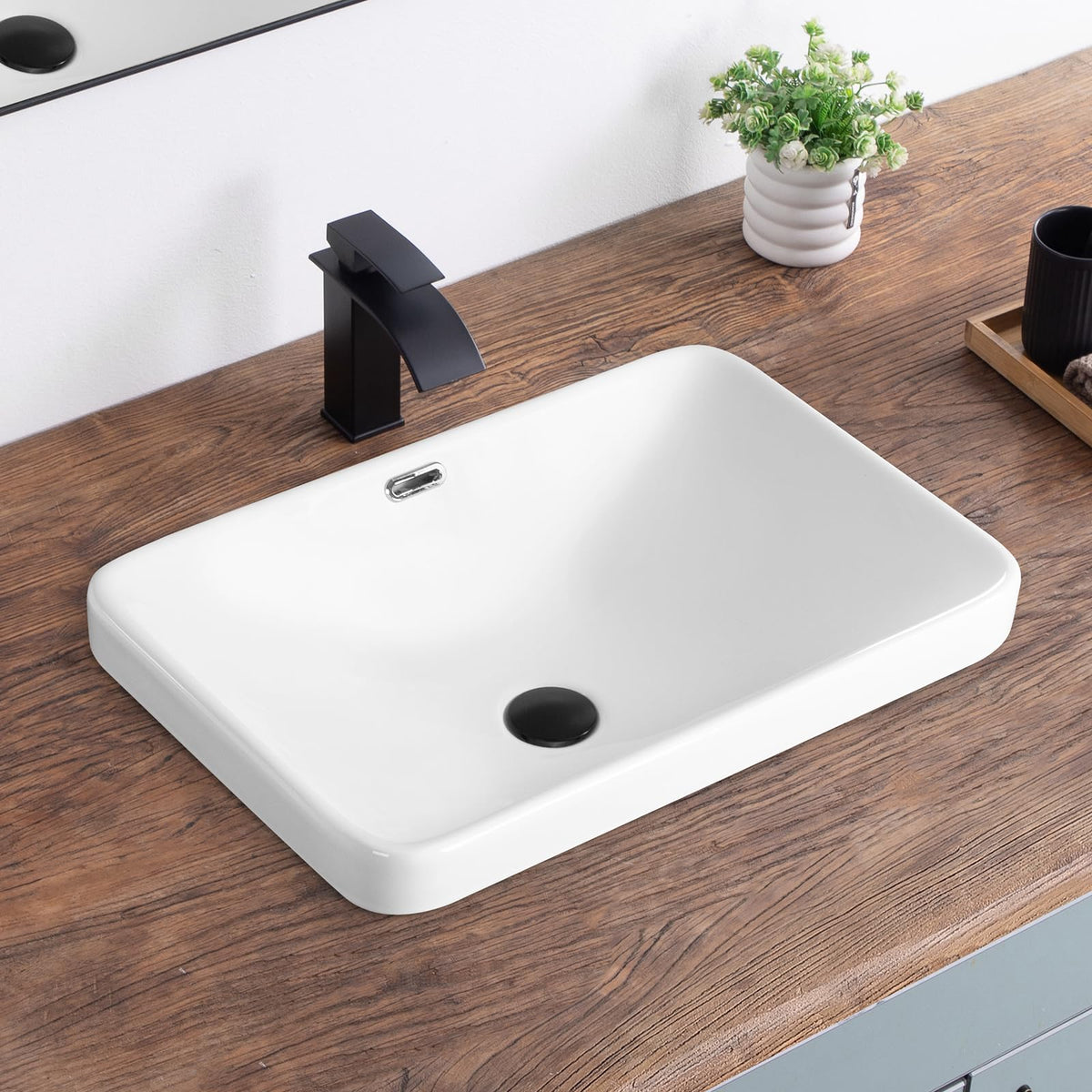 Bathroom Vessel Sink 16.7" X 12.6" Semi Recessed Bathroom Sink Rectangular Drop In Bathroom Sinks with Overflow White Ceramic Vessel Sinks for Bathroom Modern Above Counter Basin Vanity Sink