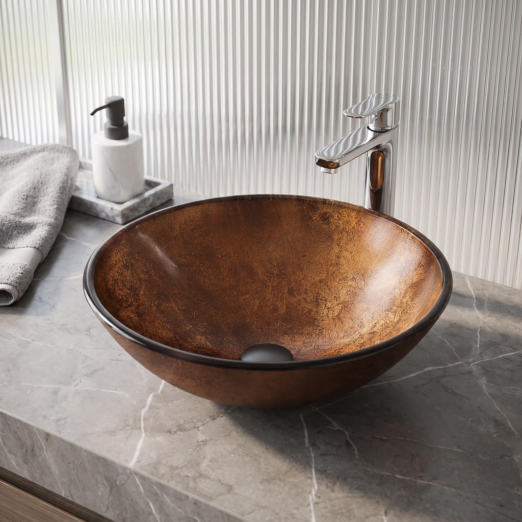 Vigo Vessel Sink Copper - 17â Artistic Round Bowl Sink for Bathrooms, Tempered Glass Above Counter Bathroom Sink with NonStickShield, QuickDrain & TempGuard, Modern Luxury Design