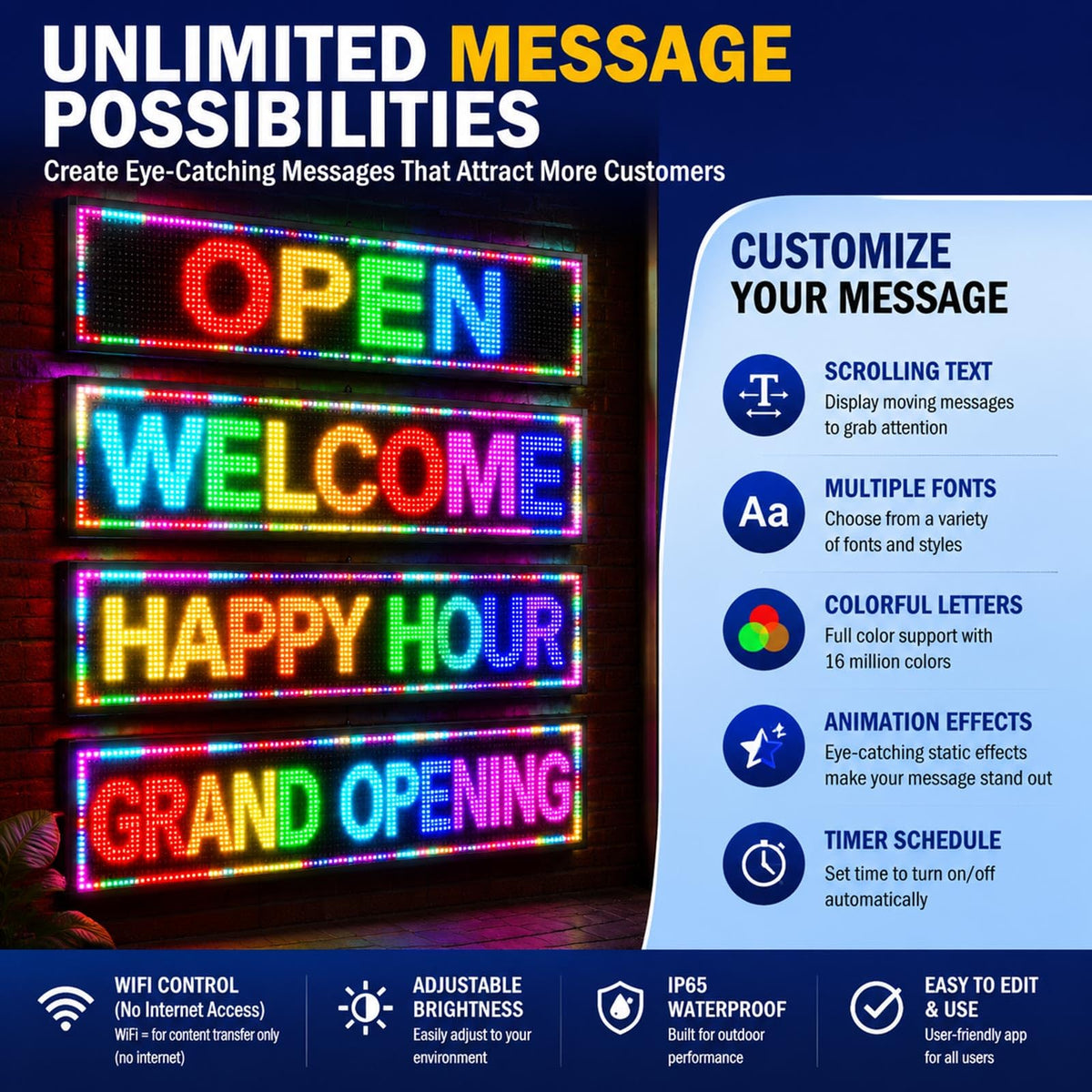 P10 Outdoor Led Sign Programmable Scrolling Digital Display Screen Message Board Bar Custom WiFi Control Store Advertising Open Sign for Businesses Electronic Full Color Word Light (115"x14")