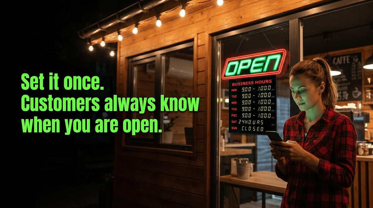 LED Open Sign for Business with Programmable Business Hours â Green Light Innovations Bluetooth App, 4,000+ Color Combos, Flash/Scroll/Neon Modes, 100,000-Hr LEDs, 3-Year Warranty, 15Ã16.5 in