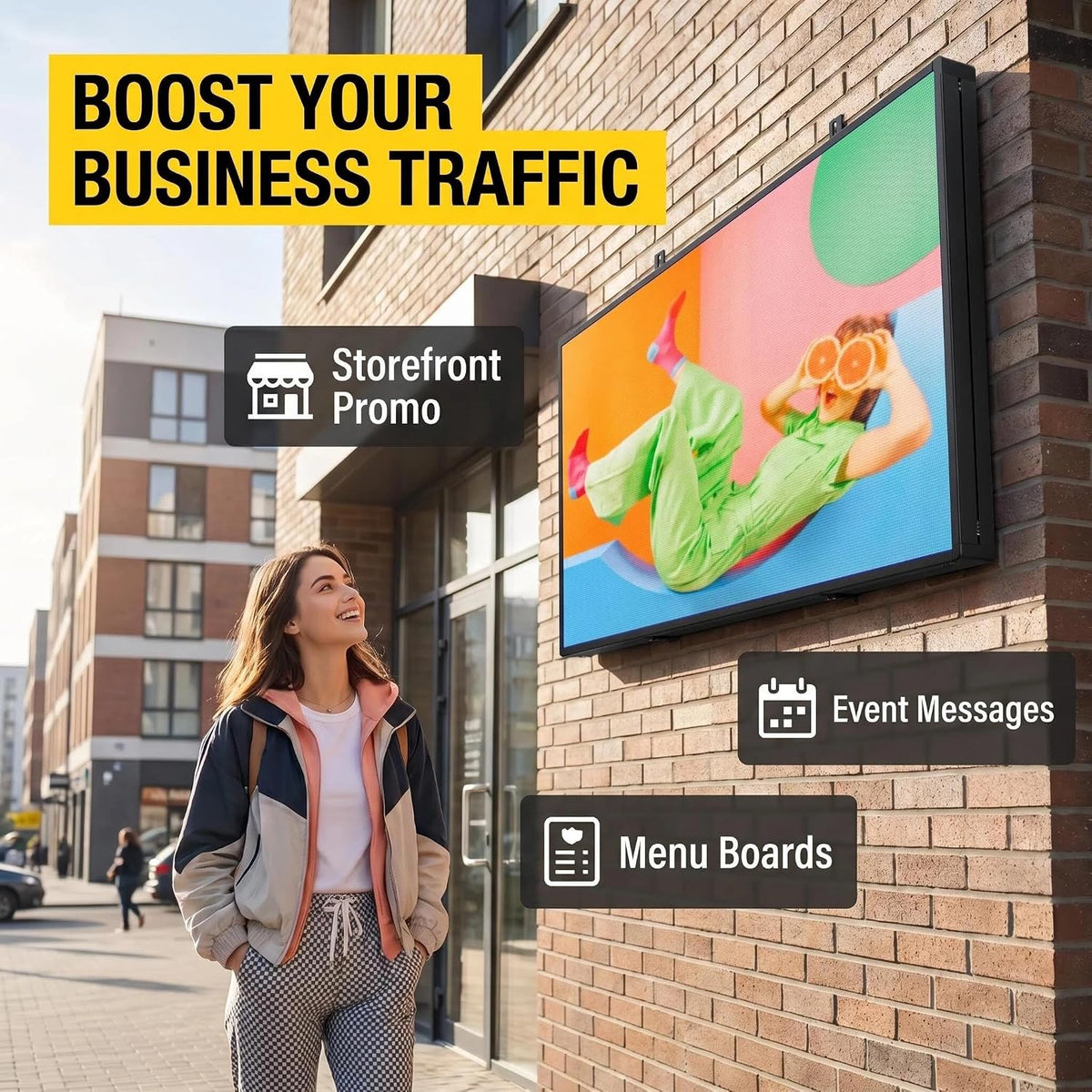 P5 Outdoor LED Sign 65"x34" Full Color Programmable Digital Display, 5000 Nits High Brightness IP65 Waterproof WiFi & USB Control, Scrolling Message Board for Business Advertising - Text/Image/Video