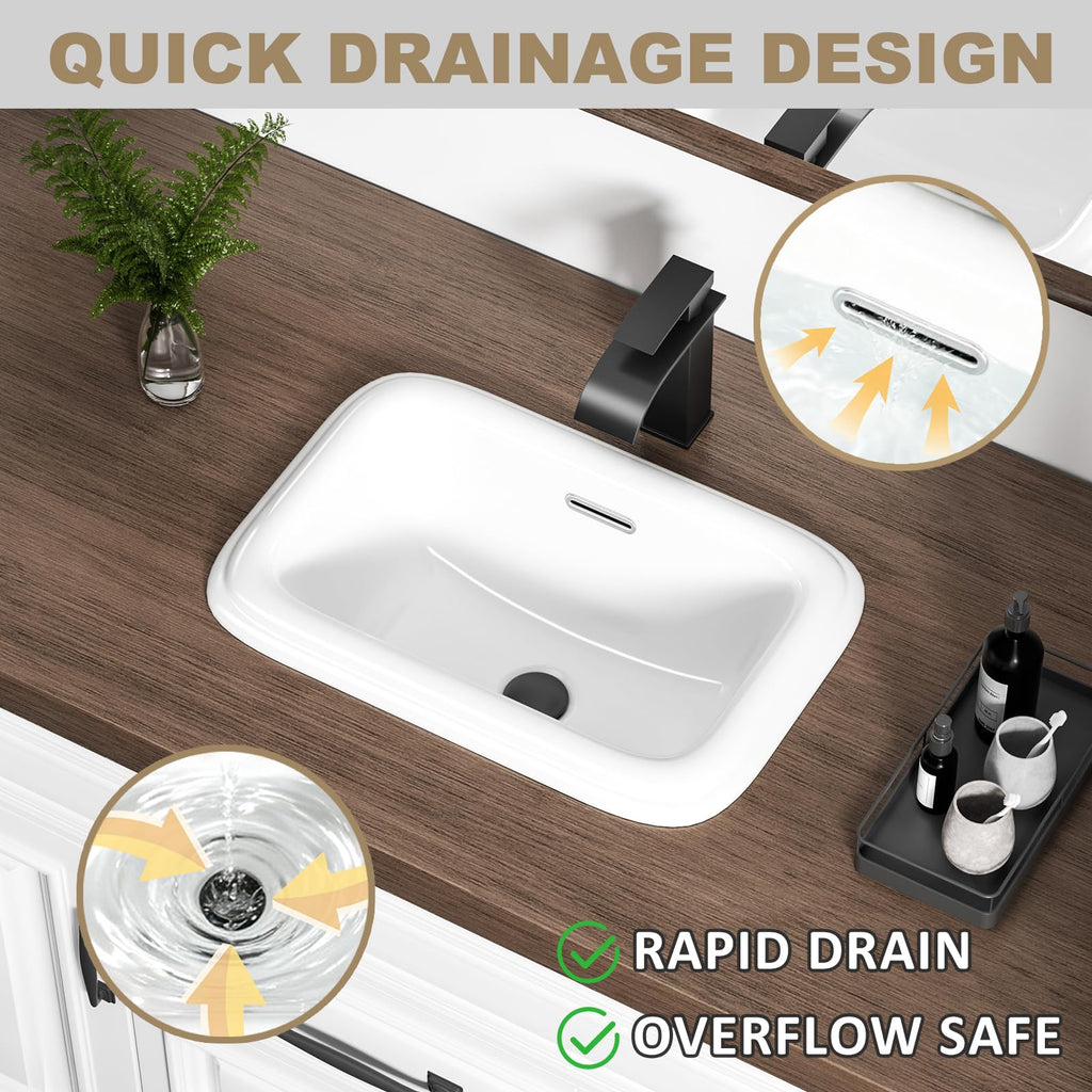 Small Bathroom Vessel Sink 16.7'' x 12.6'' Semi Recessed Bathroom Sink Rectangular Drop-in Vanity Sink with Overflow White Ceramic Modern Art Basin