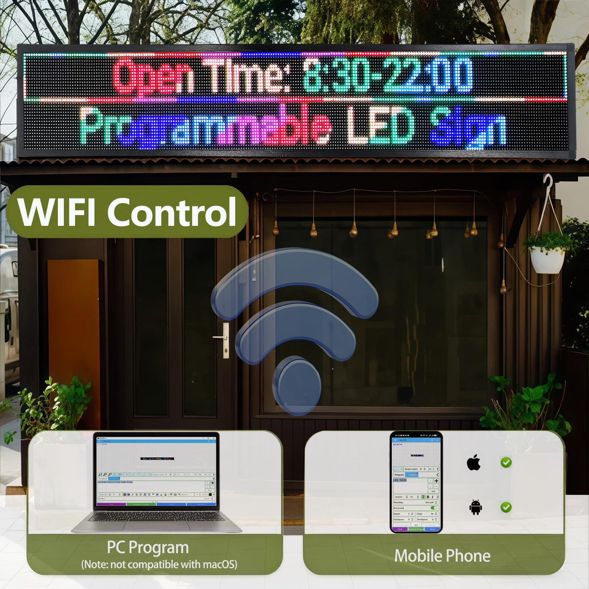 P3 Programmable LED Sign 40"x17" Full Color Outdoor Digital Message Board WiFi Control, IP65 Waterproof, 5000cd Brightness, Scrolling Text/Image/Video Display for Business Store Restaurant Advertising