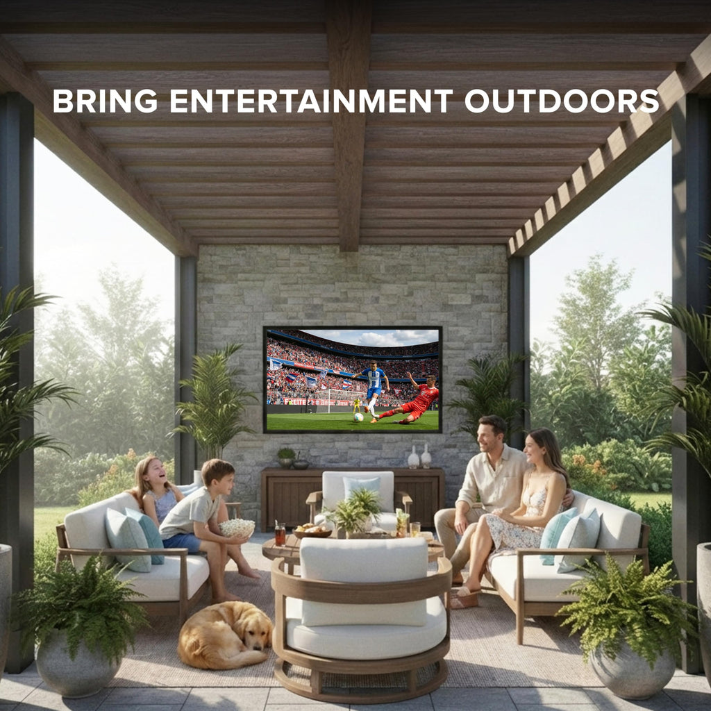 Titan G100 Mini 85 Inch Covered Patio Outdoor TV â 4K UHD QLED IP65 - Google OS, Dolby Vision & Atmos, Onkyo Speakers - Thin Bezel - Weather Resistant - 2-Year Warranty & USA Assembled