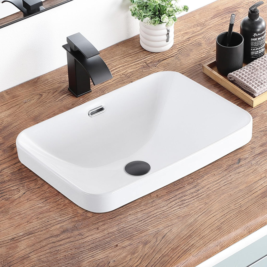 Bathroom Vessel Sink 16.7" X 12.6" Semi Recessed Bathroom Sink Rectangular Drop In Bathroom Sinks with Overflow White Ceramic Vessel Sinks for Bathroom Modern Above Counter Basin Vanity Sink