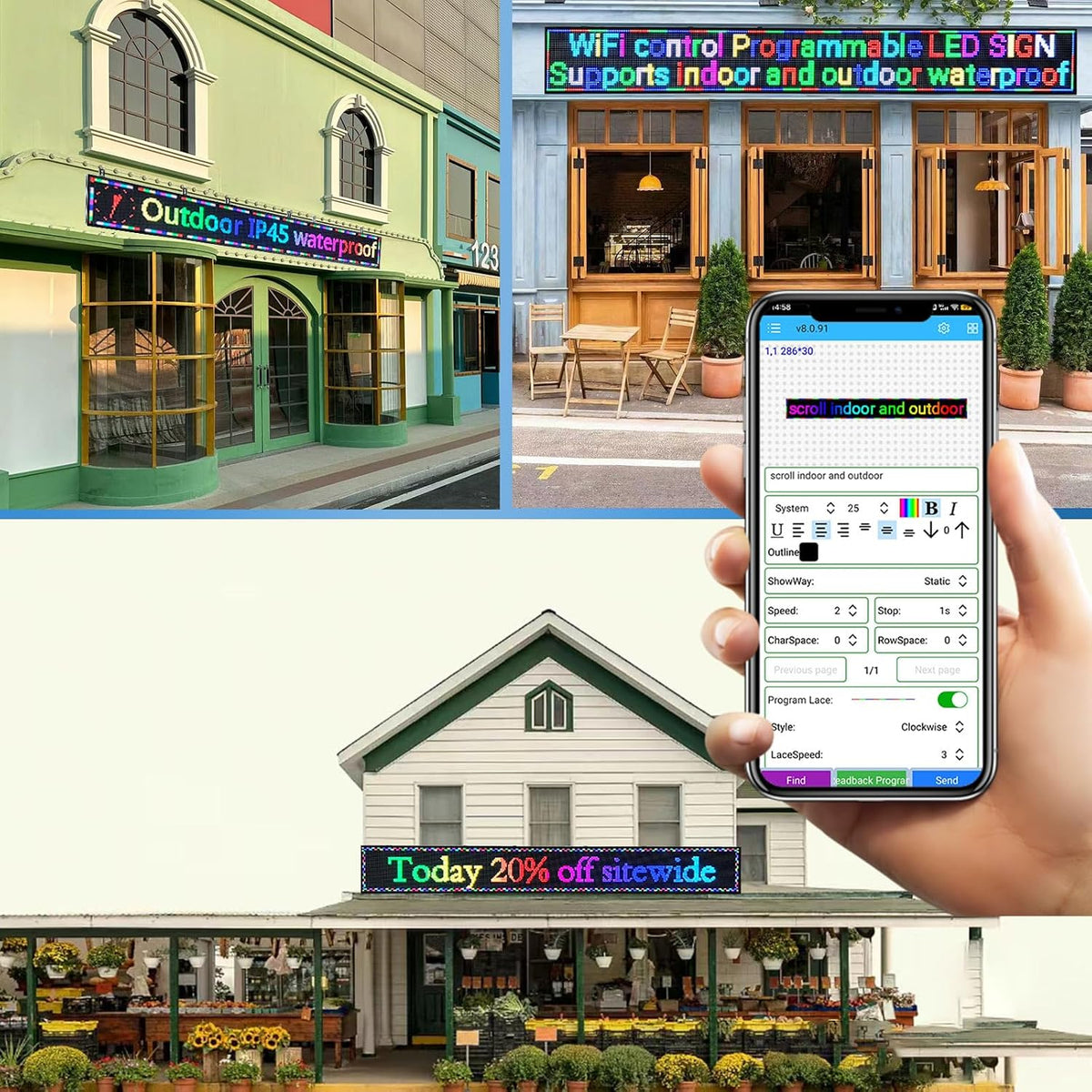 P10 Outdoor Led Sign Programmable Scrolling Digital Display Screen Message Board Bar Custom WiFi Control Store Advertising Open Sign for Businesses Electronic Full Color Word Light (115"x14")