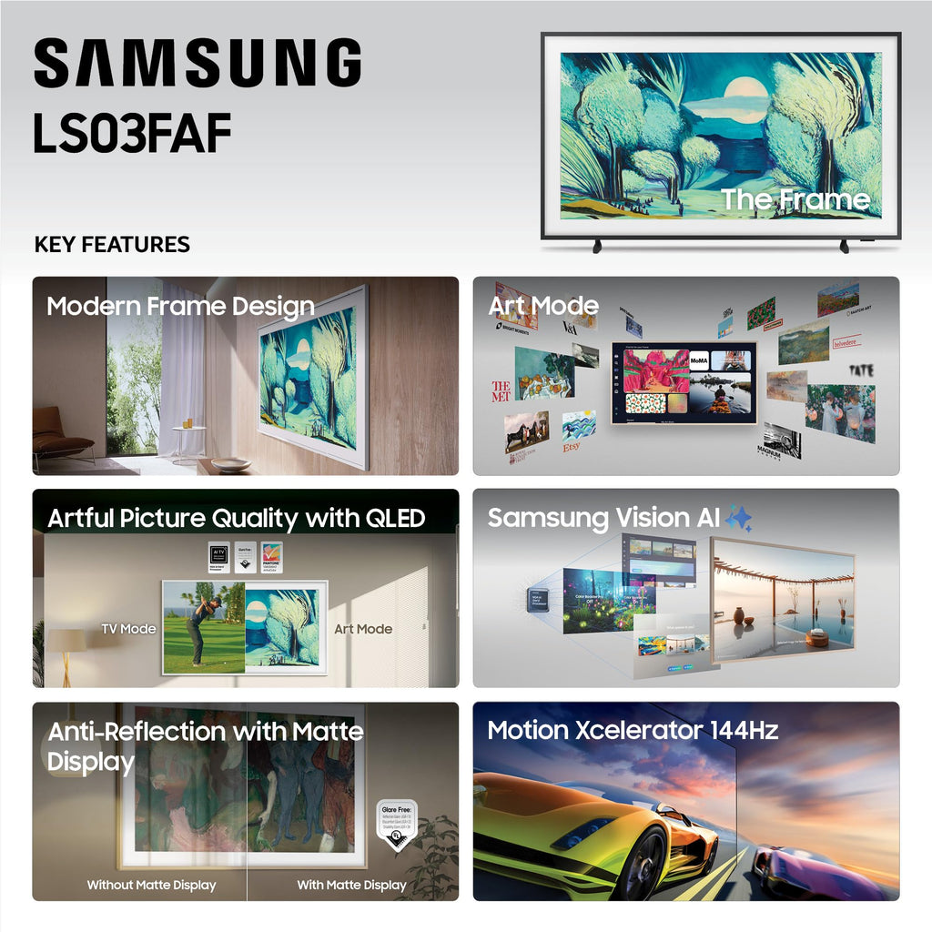 Samsung 32-Inch Class QLED The Frame LS03C Series, 1080p Resolution, Quantum HDR, Art Mode, Anti-Reflection Matte Display, Slim Fit Wall Mount Included, Smart TV w/Alexa Built-in (QN32LS03CB)