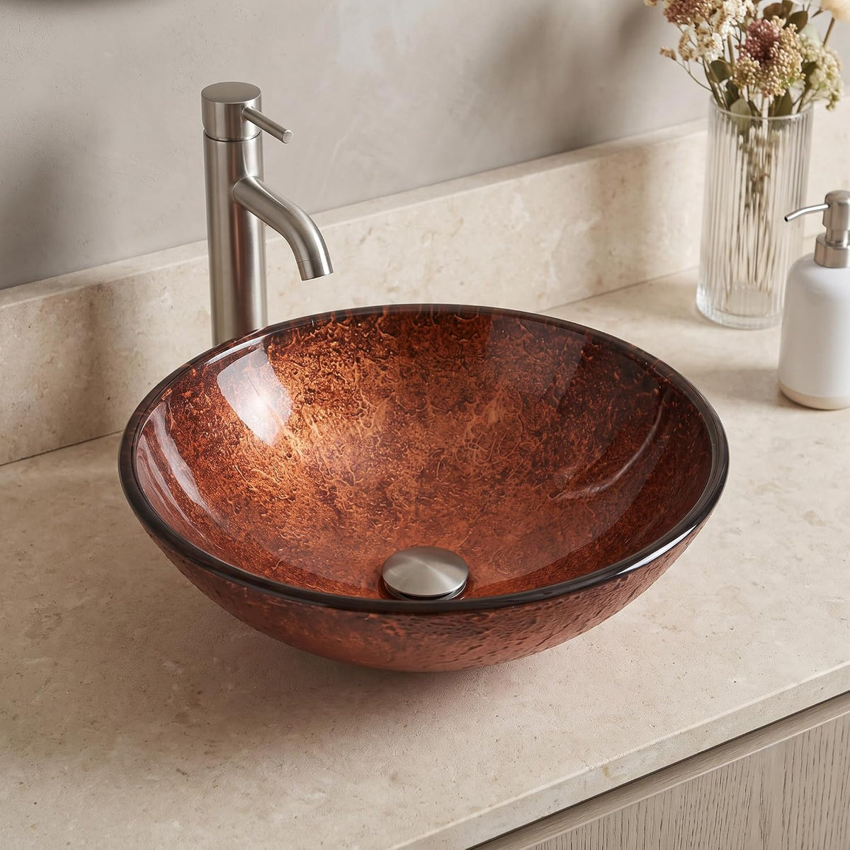 Vigo Vessel Sink Copper - 17â Artistic Round Bowl Sink for Bathrooms, Tempered Glass Above Counter Bathroom Sink with NonStickShield, QuickDrain & TempGuard, Modern Luxury Design