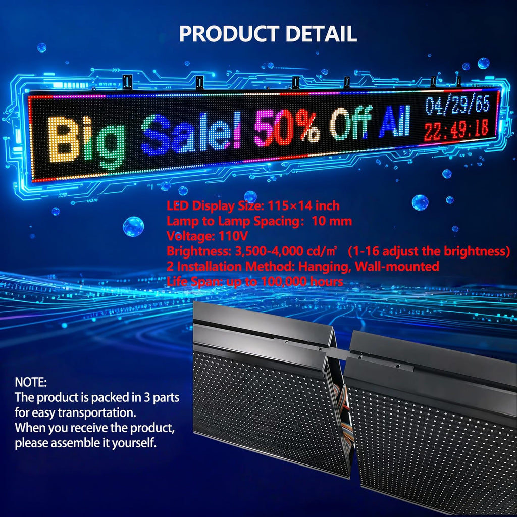 P10 Programmable LED Sign, 40"x14" Scrolling LED Sign for Business, Waterproof LED Display with WIFI & USB Control, 96x32 Pixels SMD Technology Digital Advertising Sign for Shop, Hotel, Store, Restaurant