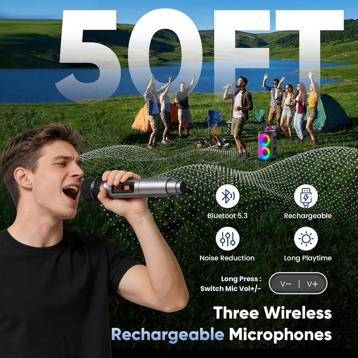 Karaoke Machine for Adults Kids, Portable Bluetooth Speaker with 3 Wireless Microphones, TWS Mode & LED Light, 10H Battery PA System, Home Party Outdoor Camping Birthday Gifts (3 Mics)