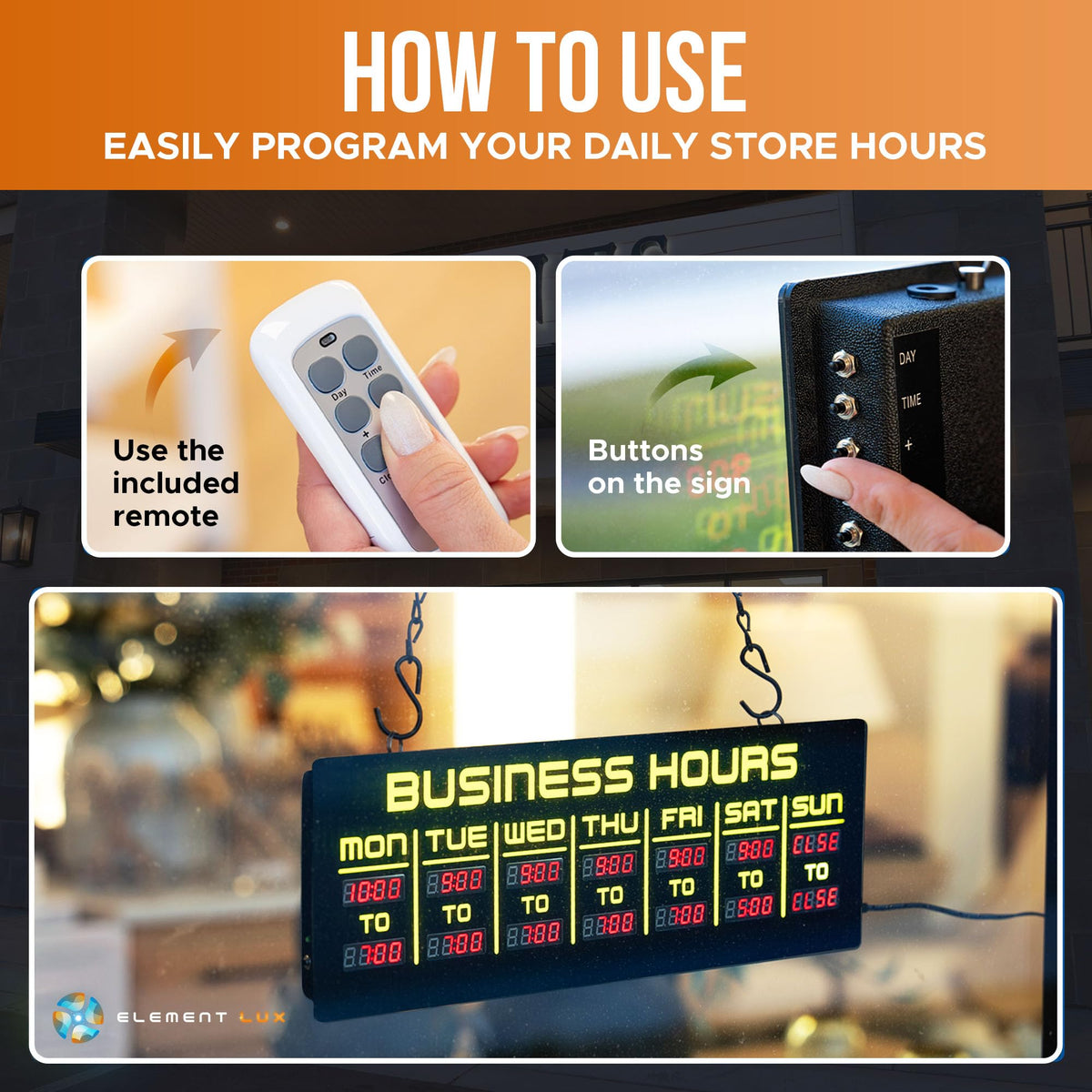 Digital Business Hours Sign by ELEMENT LUX - Electronic Programmable Hours of Operation Signs for Business with Ultra Bright LEDs for Glass Door - Remote and Hanging Kit - 16in x 5.5in, Blue