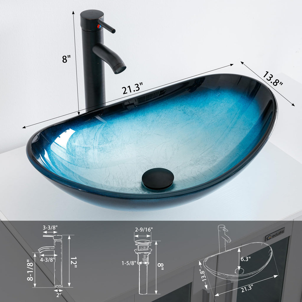 eclife 21.5" Bathroom Vessel Sink Modern Artistic Single Brown Boat Tempered Glass Basin Countertop Bowl Sink for Lavatory Vanity Cabinet, W/Water Save Faucet Pop Up Drain (A29BR)