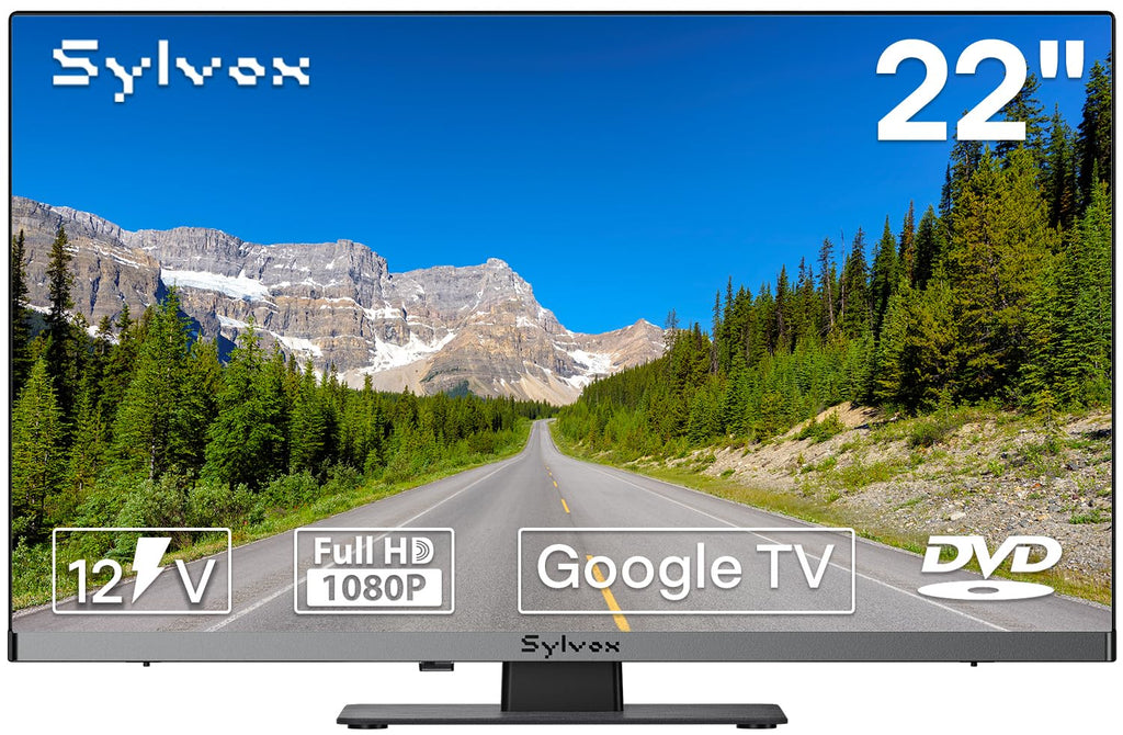 SYLVOX 24-Inch Smart RV TV, QLED 1080P FHD, Built-in DVD Player, Google TV OS, Wide Voltage Support 12V/24V AC/DC Television for RV & Home, HDMI & USB