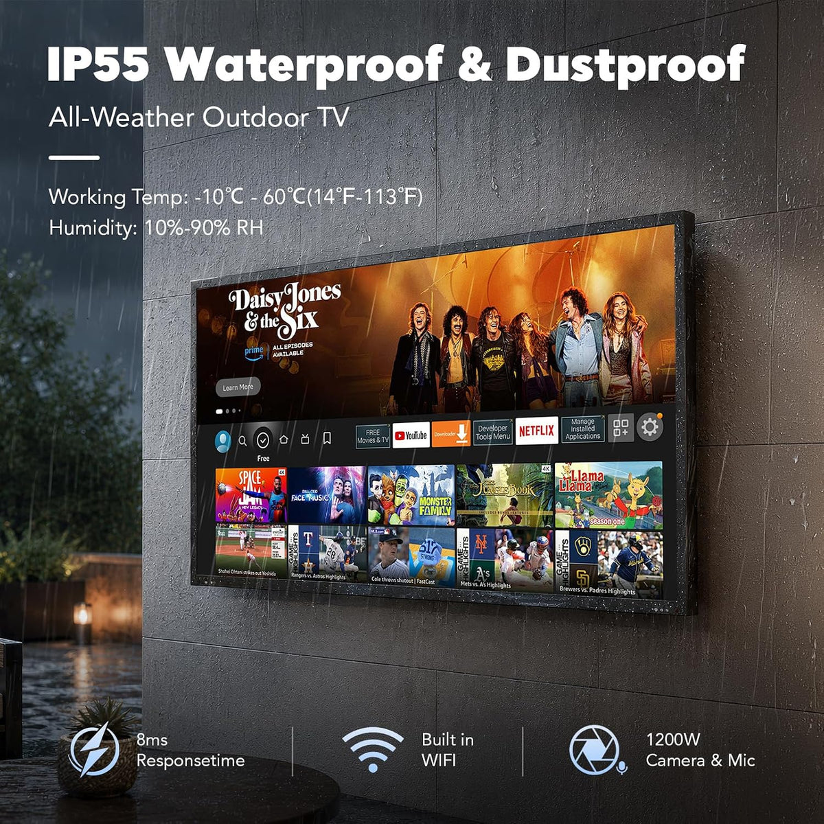 55 Inch Outdoor TV, 2000 Nits 4K UHD IP55 Weatherproof Smart Full Sun TV with webOS 25, Anti-Glare Screen, Surround Audio for Patio, Deck, Backyard and Poolside