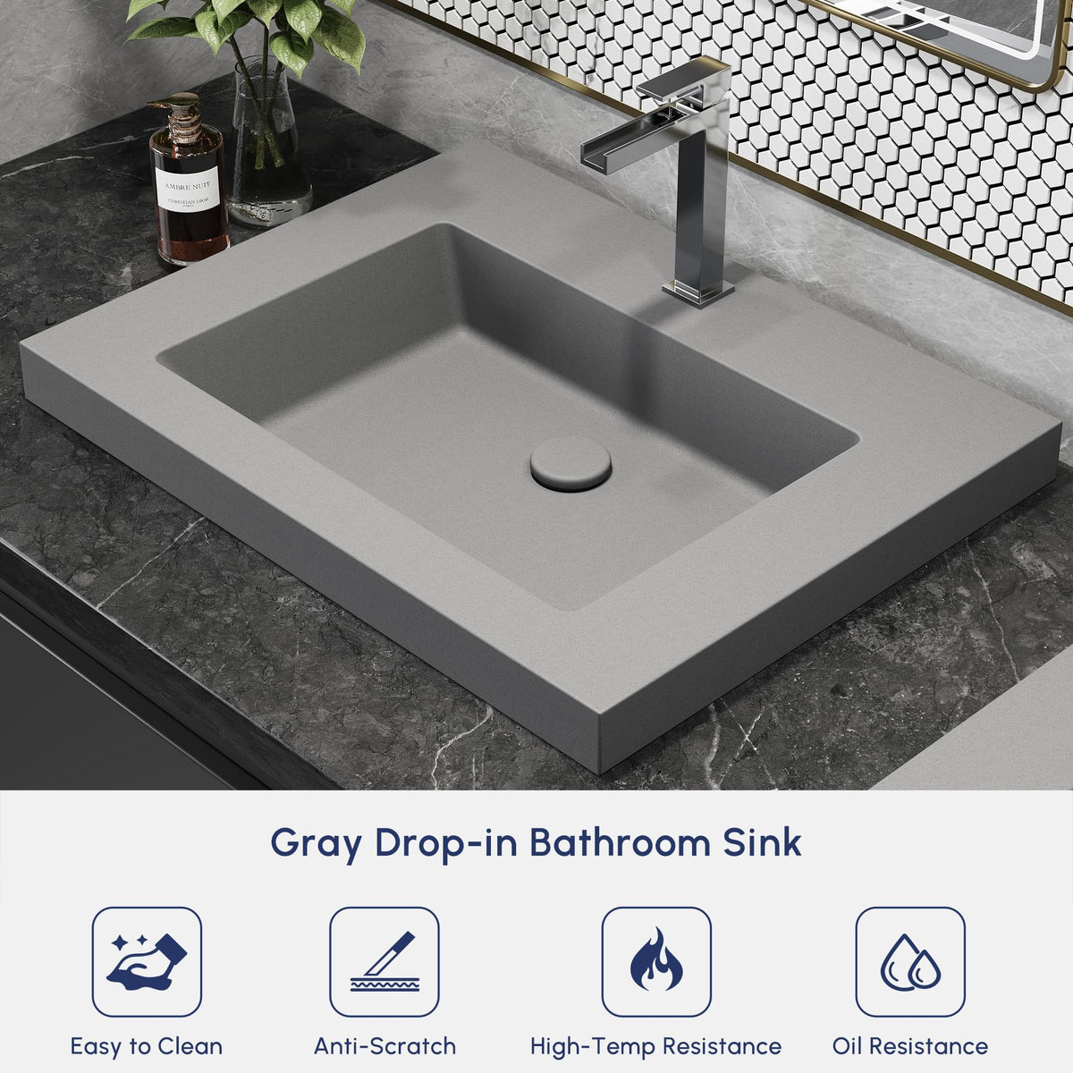 Semi Recessed Bathroom Sink, 23.4 Inch Rectangular Bathroom Vessel Sink, Drop-In Countertop Basin with Single Faucet Hole, Center Drain Assembly for Modern Vanity Cabinet, Gray