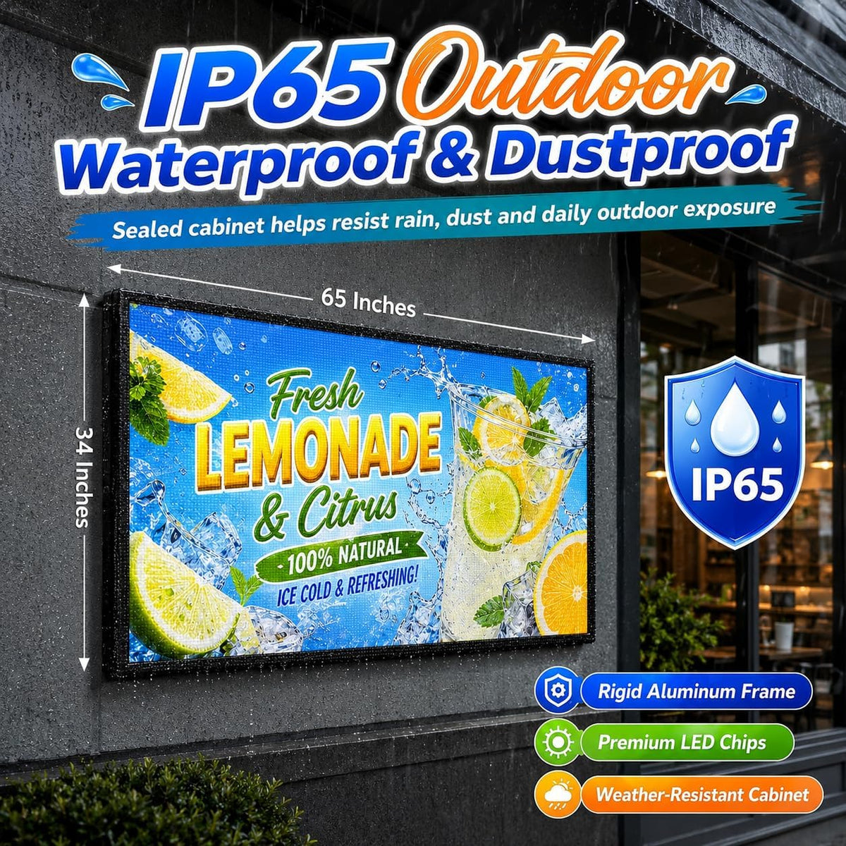 CX P5 Outdoor LED Sign 65" x 34", Full Color Programmable LED Display, IP65 Waterproof High-Brightness Digital Sign with WiFi & USB Control, Scrolling Text Image Video Message Board for Business Advertising