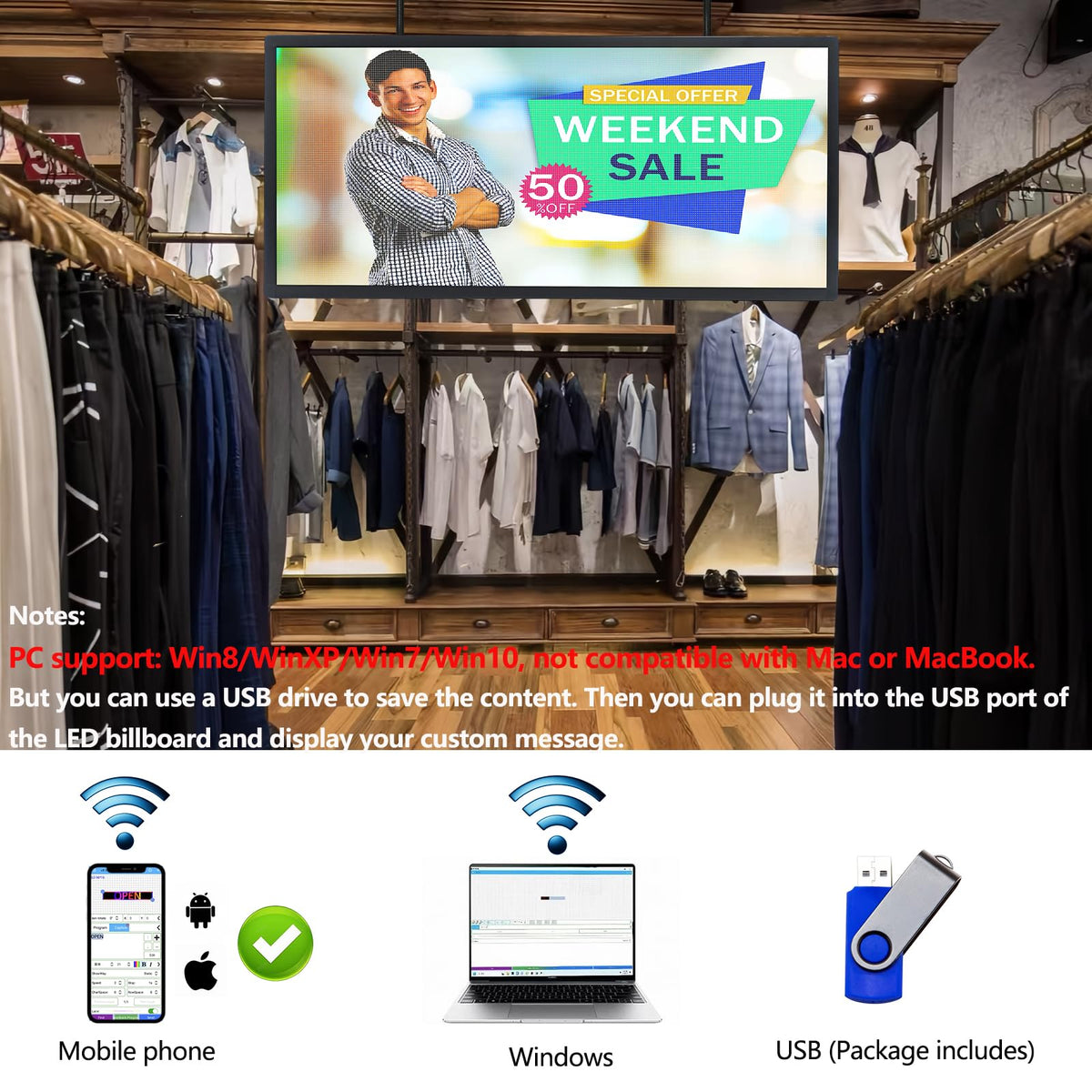 P10 LED Programmable Advertising Sign, High Brightnes Outdoor Digital Sign Waterproof, WiFi Control LED Open Signs for Business, Electronic Message Display Board 115"X14"