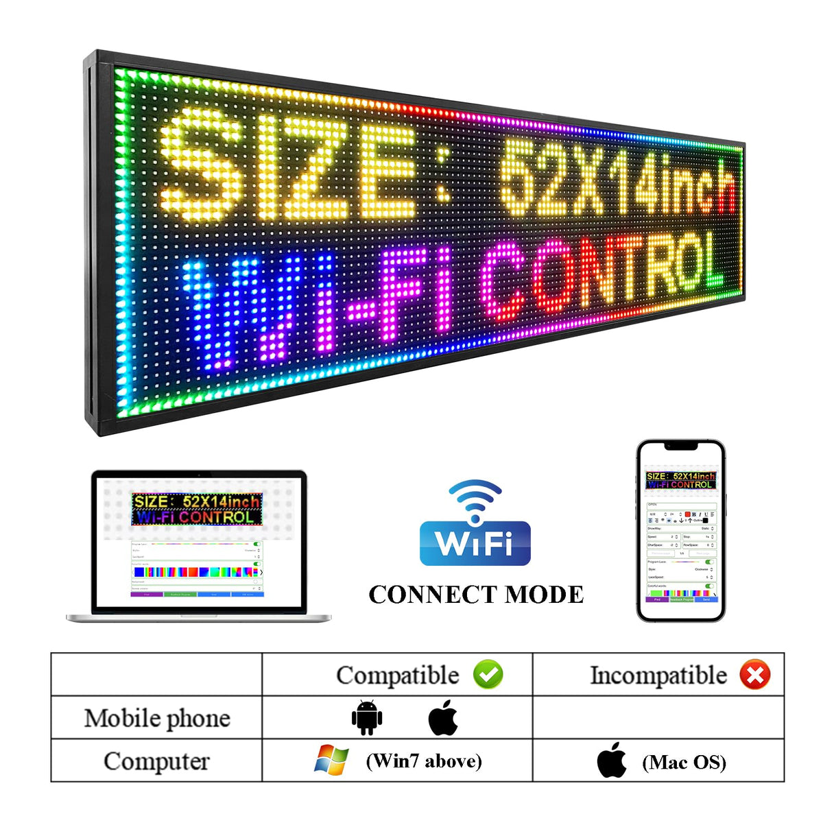 P10 Outdoor RGB Full Color WiFi Programmable Bright LED Scrolling Message Display Board 65âx14â Led Sign, Led Digital Sign Board, Perfect Solution for Store Advertising