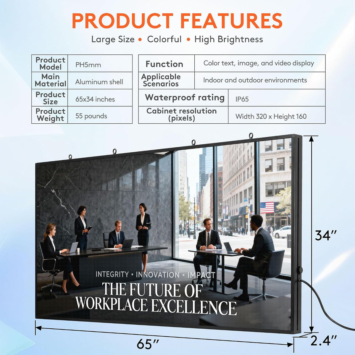 P5 Programmable LED Signs 65"x34" IP65 Waterproof Outdoor Digital Display with WiFi & USB Control, Full-Color 320Ã160 SMD Scrolling Text/Image/Video Advertising Board for Business