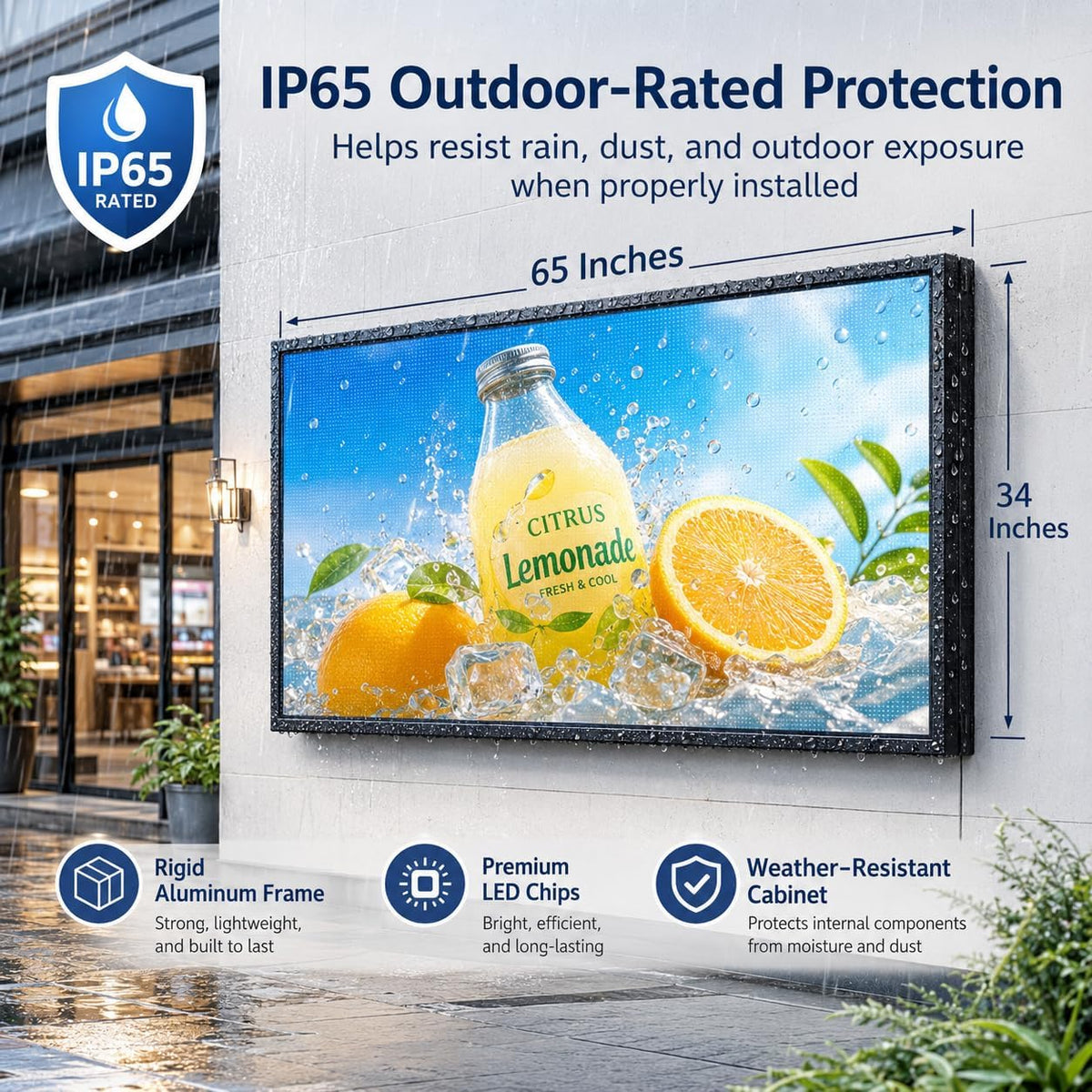 CX 65 x 34 Inch P5 Outdoor LED Sign, 320 x 160 Full-Color RGB Message Board with WiFi, Mobile App and USB Control, IP65 Display for Scrolling Text, Images and Video