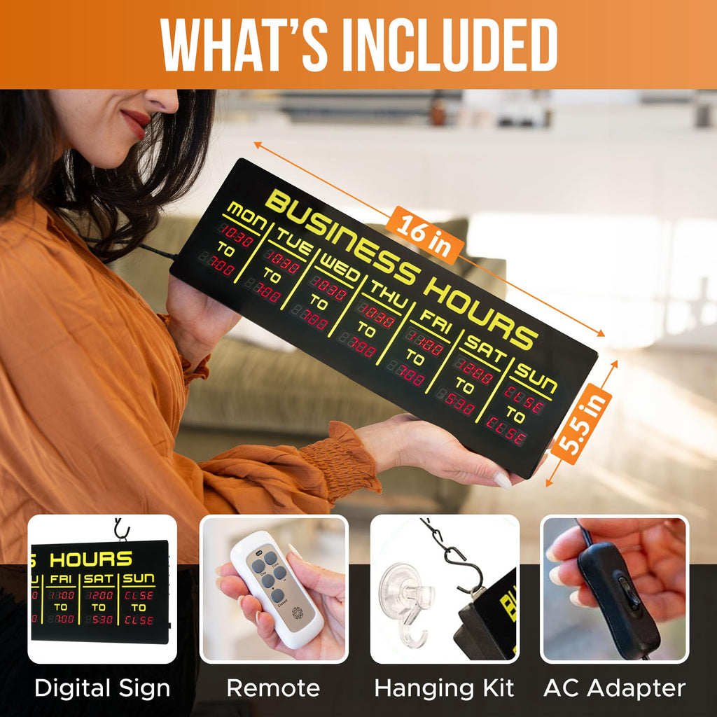 Digital Business Hours Sign by ELEMENT LUX - Electronic Programmable Hours of Operation Signs for Business with Ultra Bright LEDs for Glass Door - Remote and Hanging Kit - 16in x 5.5in, Blue